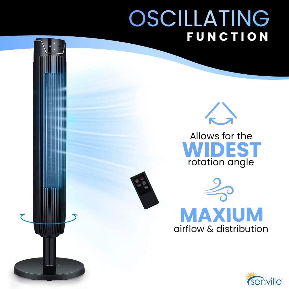 42" Bladeless Oscillating Tower Fan for Bedroom with Remote Control, Quiet Operation, 3 Modes, 7-Hour Timer, LED Display - Black