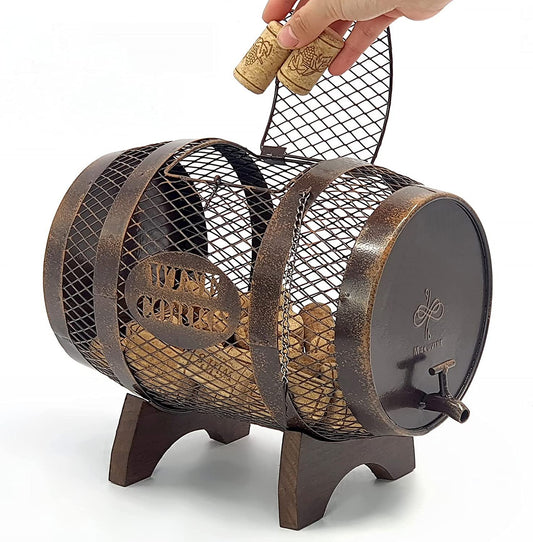 Rustic Metal Large Barrel Wine Cork Holder Display on Wooden Stand: Ideal for Wine Lovers, Housewarming Gifts, Home Bar Decor, Wine Gifts, Engagement Gifts, and Kitchen Decor.