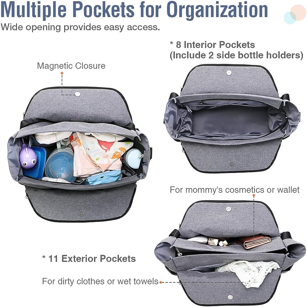 Spacious Diaper Bag Tote for Moms - Large Capacity Women's Diaper Bag with Changing Pad and Stroller Straps, Grey