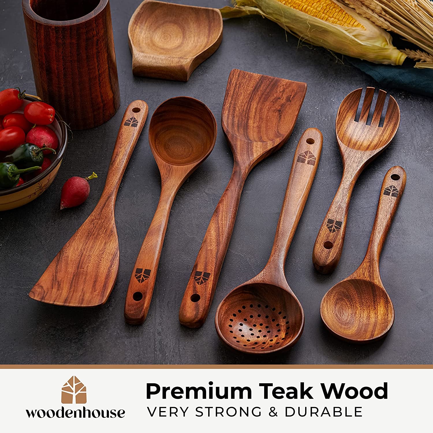 Teak Wood Cooking Utensils Set - Complete Kitchen Utensils Collection with Holder and Spoon Rest, Includes Wooden Spoons and Spatula for Healthy and Nonstick Cooking, Robust 13-Piece Set for Natural Kitchen Cookware