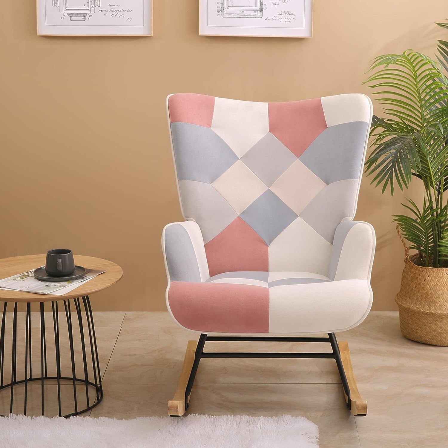 Accent Rocking Chair With Wooden Legs - Mid Century Fabric Rocker  Patchwork Linen for Livingroom Bedroom, Pink