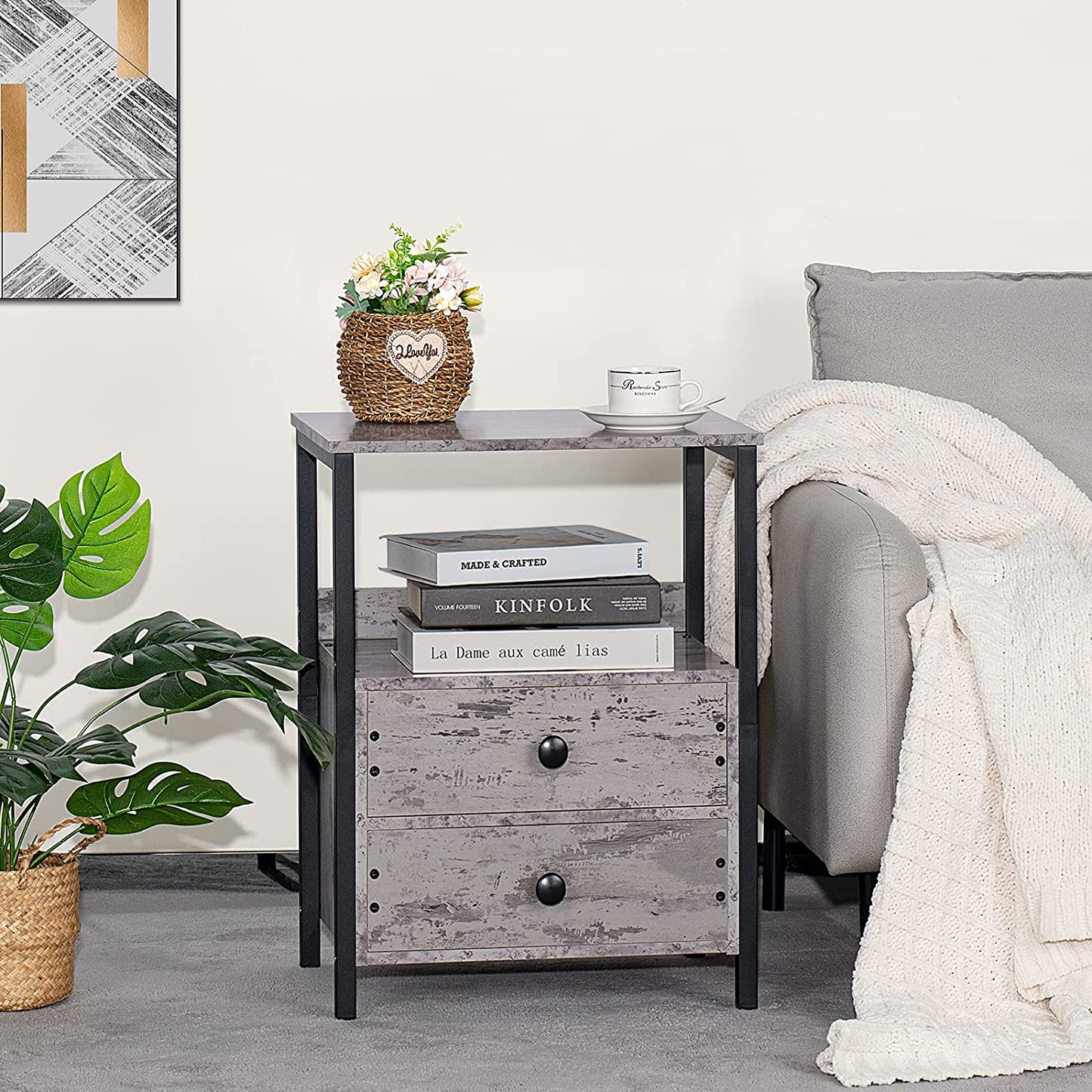 Grey Industrial Nightstand: Bedside Table with 2 Drawers, Open Shelf, and Steel Frame, Ideal for Bedroom or Dorm Use, 23.6'' in Height, Grey Color