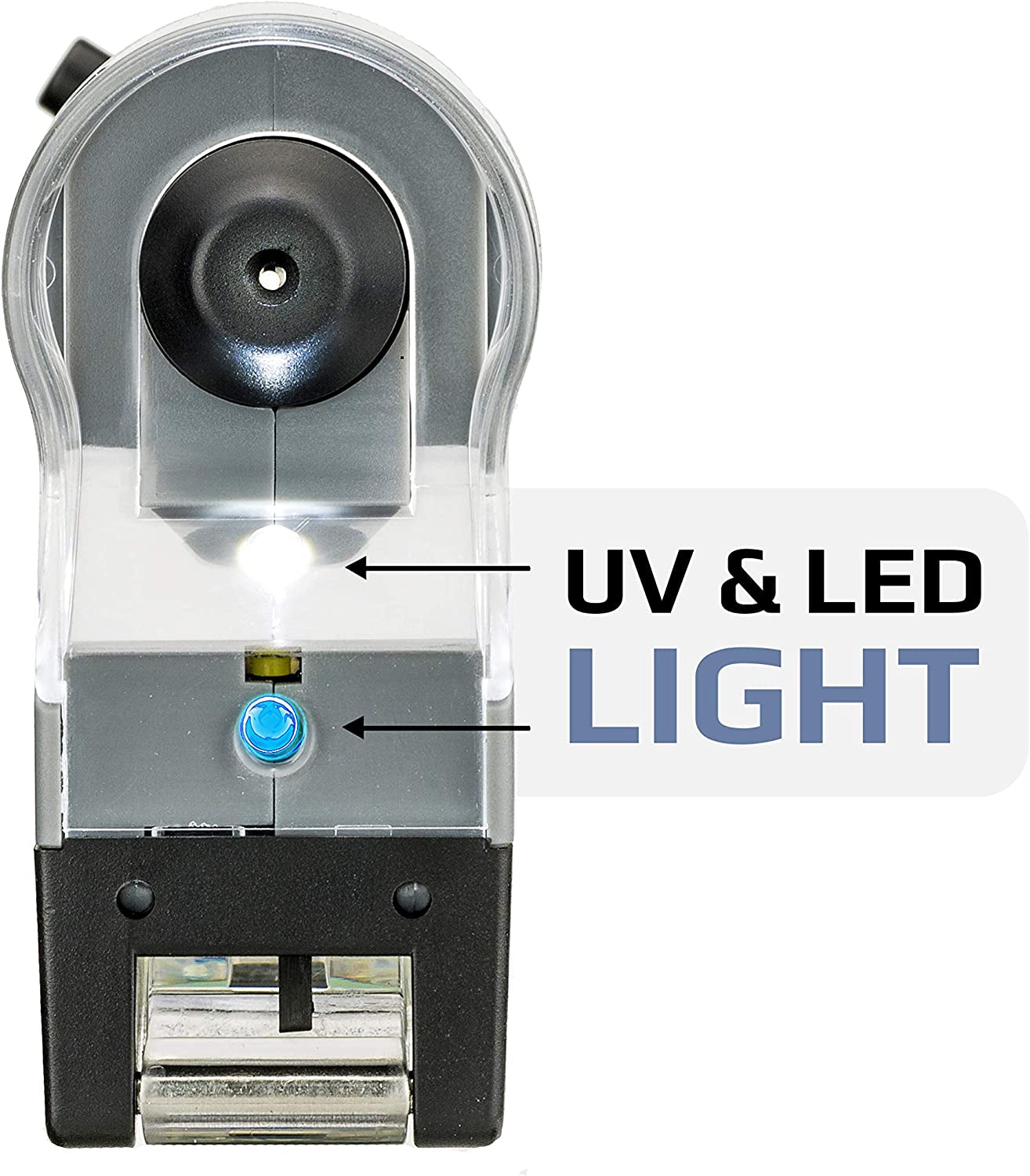 Pocket Microscope Microflip with LED and UV Light, 100X-250X Magnification, Flip Down Slide Base, and Smartphone Digiscoping Clip