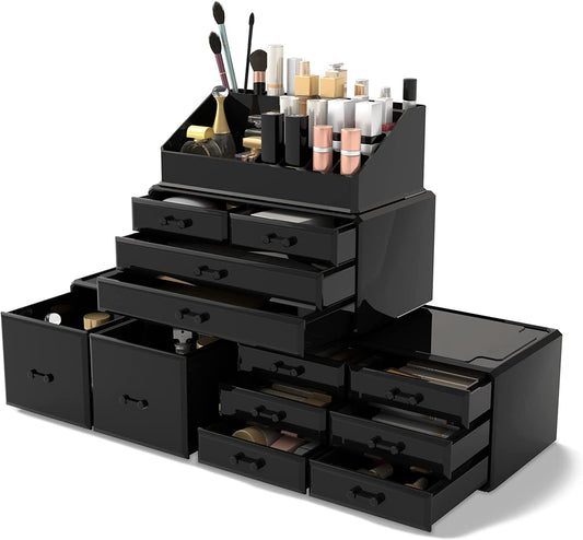 12 Drawers Makeup Cosmetic Organizer Storage Drawers Display Boxes Case - Black