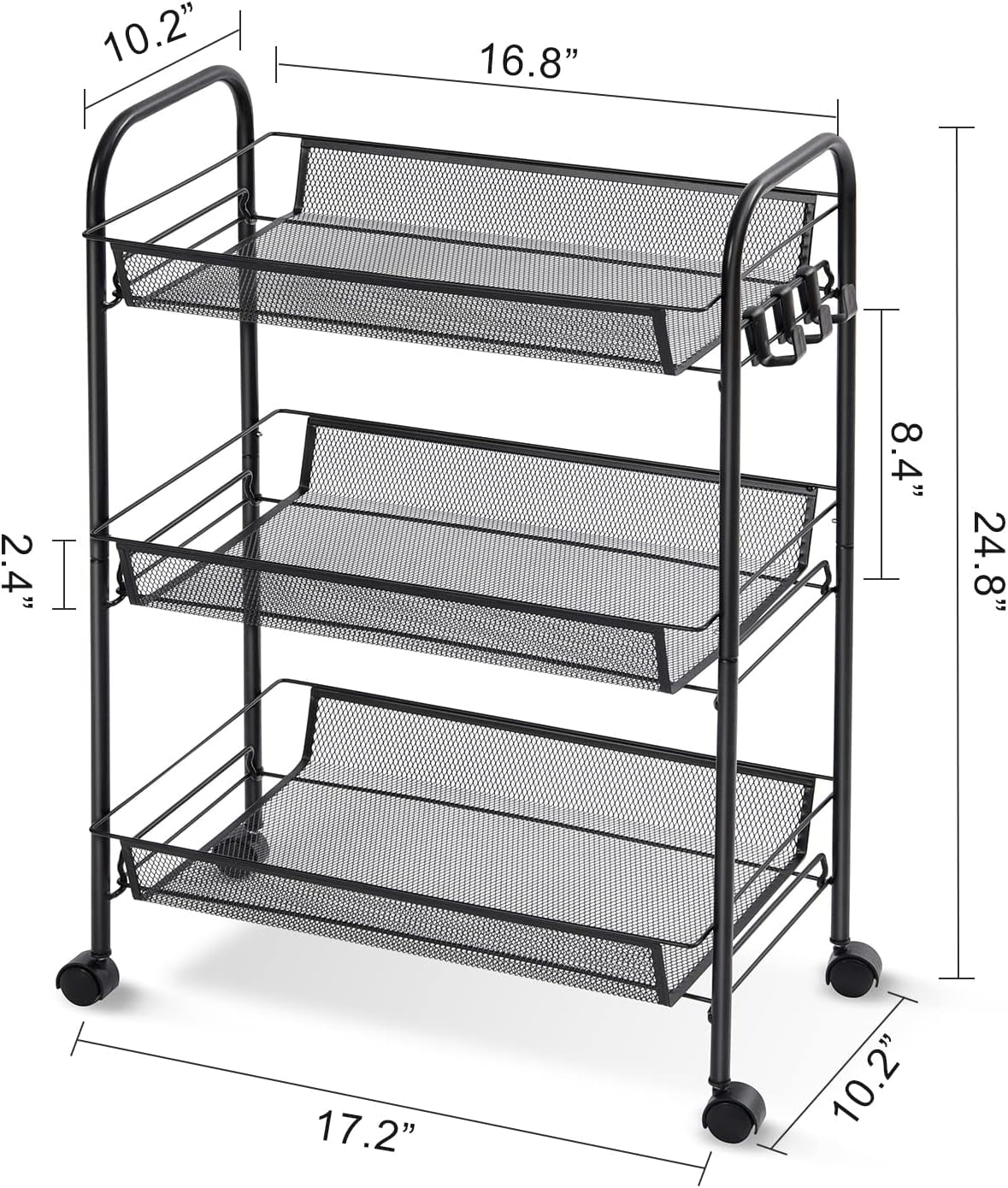 Rolling 3-Tier Storage Cart - Easy Assembly, Mobile Trolley with Wheels, Slide-Out Utility Cart for Kitchen, Bathroom, Laundry Room - Pink