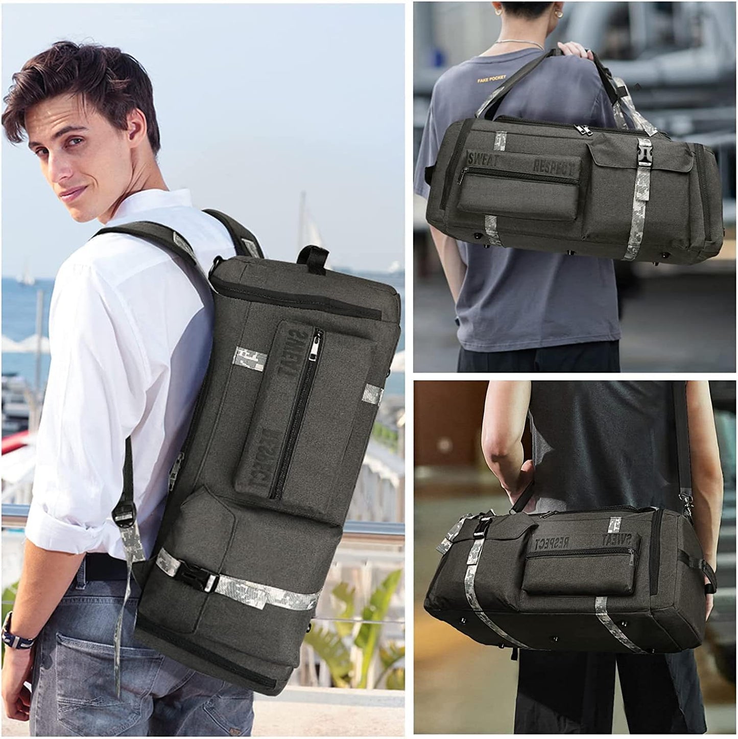 Sports Duffle Bag Backpack - Large Gym Bag for Men - Includes Shoe Compartment and Wet Pocket - Ideal for Travel and Sports Activities.
