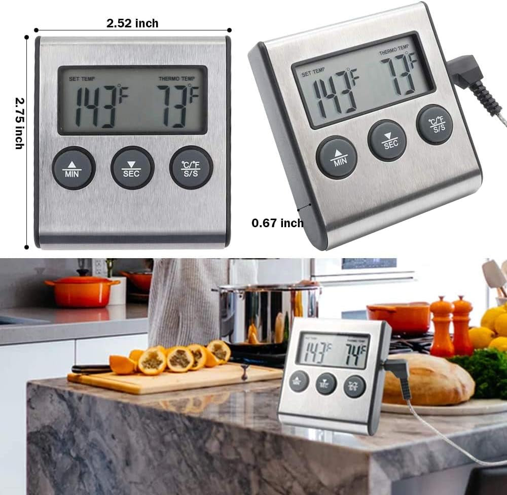 Stainless Steel Digital Cooking Thermometer with Probe and Timer - Large LCD Display - Instant Read Grill/Roasting Thermometer for Smoker, Outdoor Oven, Kitchen, BBQ, and Turkey - Silver Finish