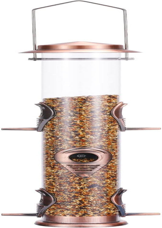 Antique Copper Hanging Bird Feeder - Metal Tube Design with 6 Ports, Attracts Wild Birds to Your Lawn, Garden, and Balcony; Perfect for Outdoor Use