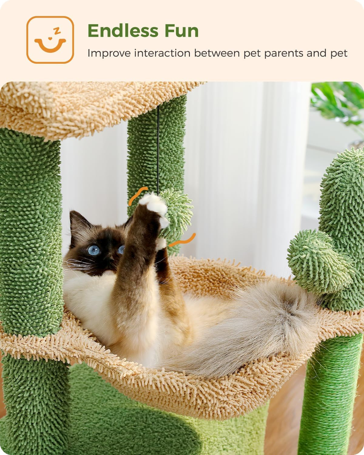 4-in-1 Cactus Cat Tree: A Spacious and Comfortable Cat Tower for Indoor Cats with a Large Condo, Scratching Post, Hammock, and Cozy Top Perch in Green Color - 33''=84CM