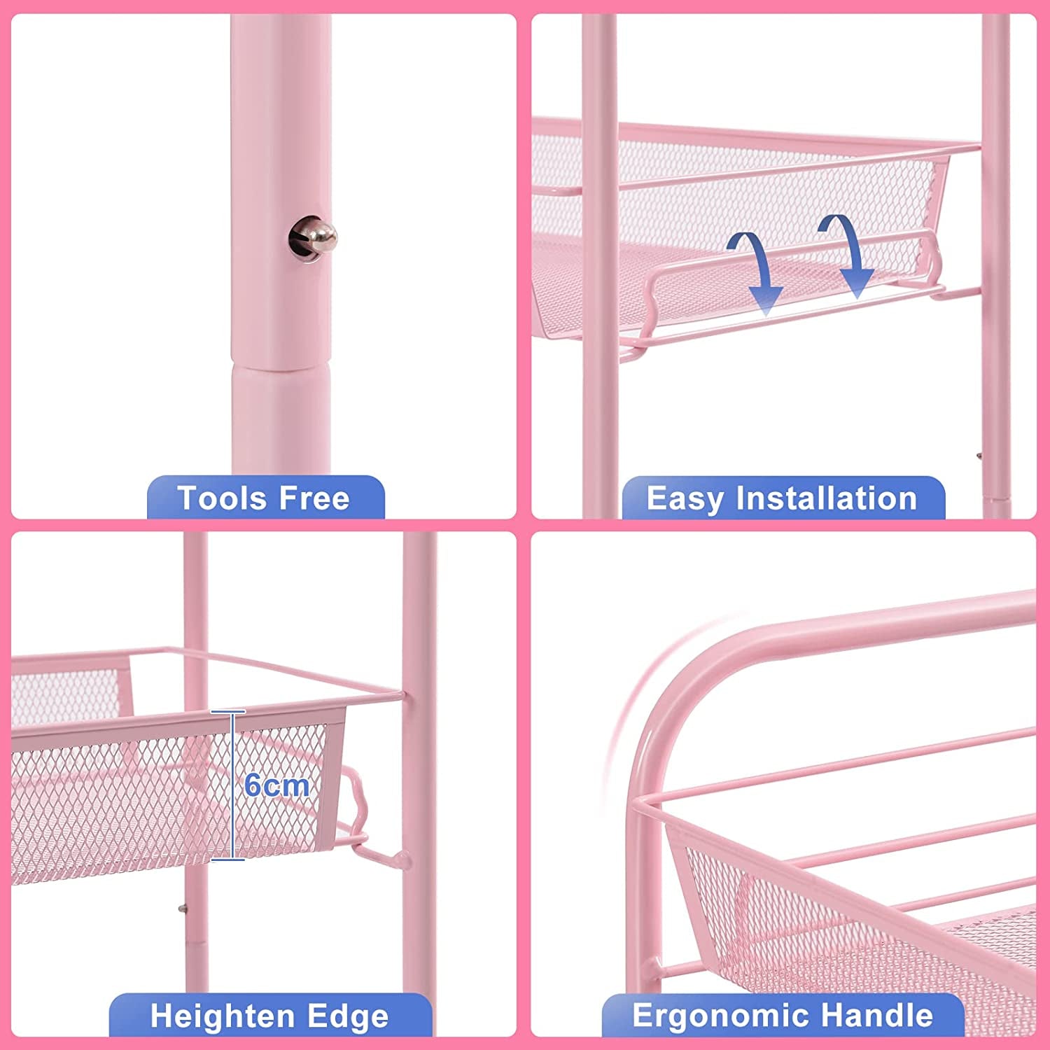 Pink 3-Tier Rolling Cart - Easy-to-Assemble Mobile Storage Trolley with Wheels, Ideal for Kitchen, Bathroom, Laundry Room, and More.