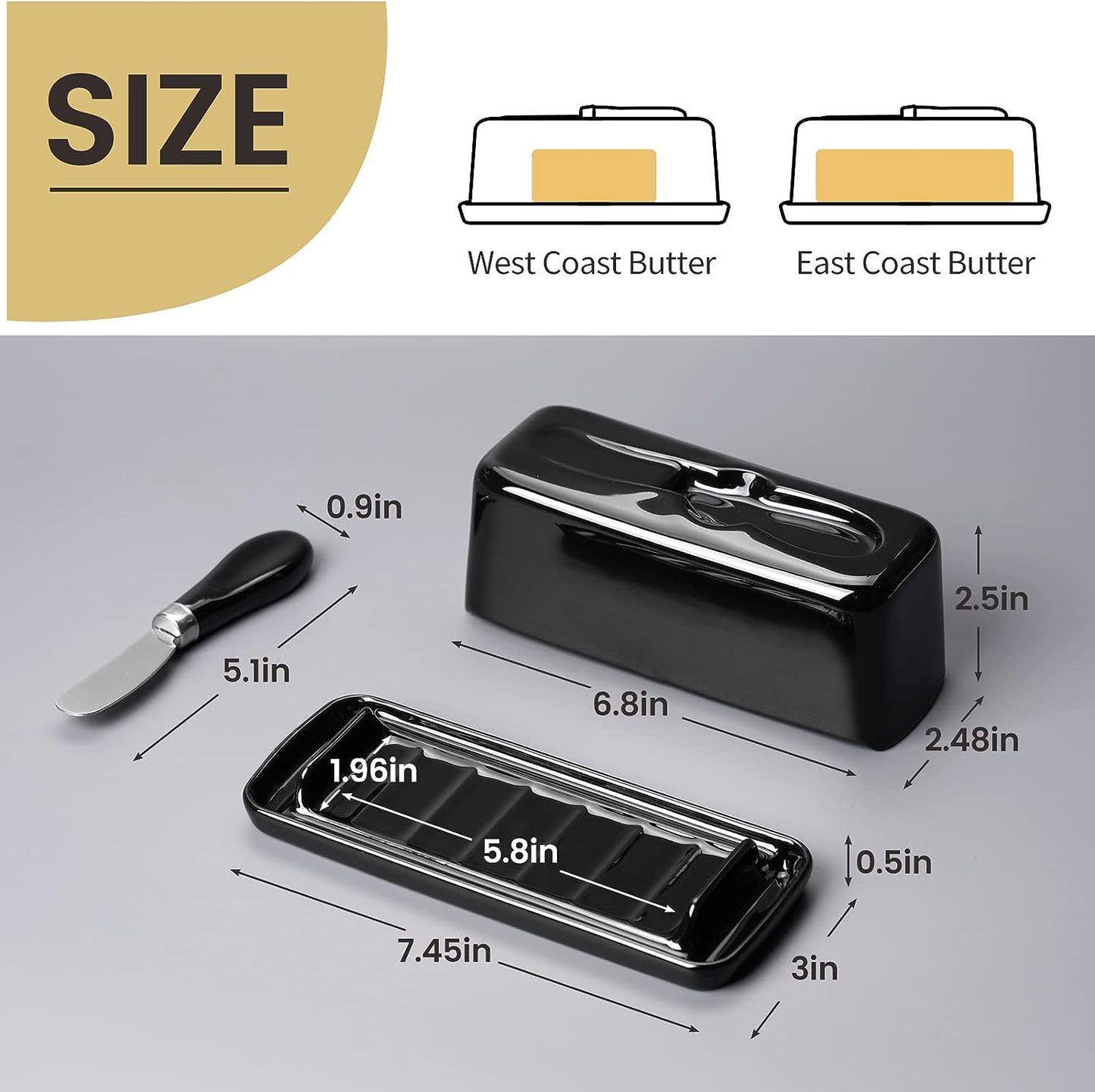 Black Porcelain Butter Dish with Lid and Knife - Includes Serving Tray with Anti-Slip Strip. This Butter Keeper is Ideal for Kitchen Decor and Fits East/West Coast Butter. It's Dishwasher Safe for Easy Cleaning.