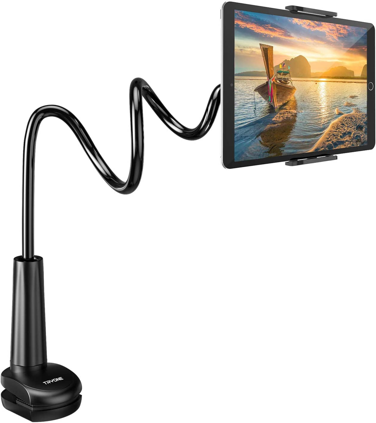 Adjustable Gooseneck Tablet Holder Stand for Bed: Flexible Arm Tablets Mount with Table Clamp, Compatible with iPad Air, Mini, Galaxy Tabs, Kindle Fire, Switch, and Other 4.7-10.5" Devices (Black)