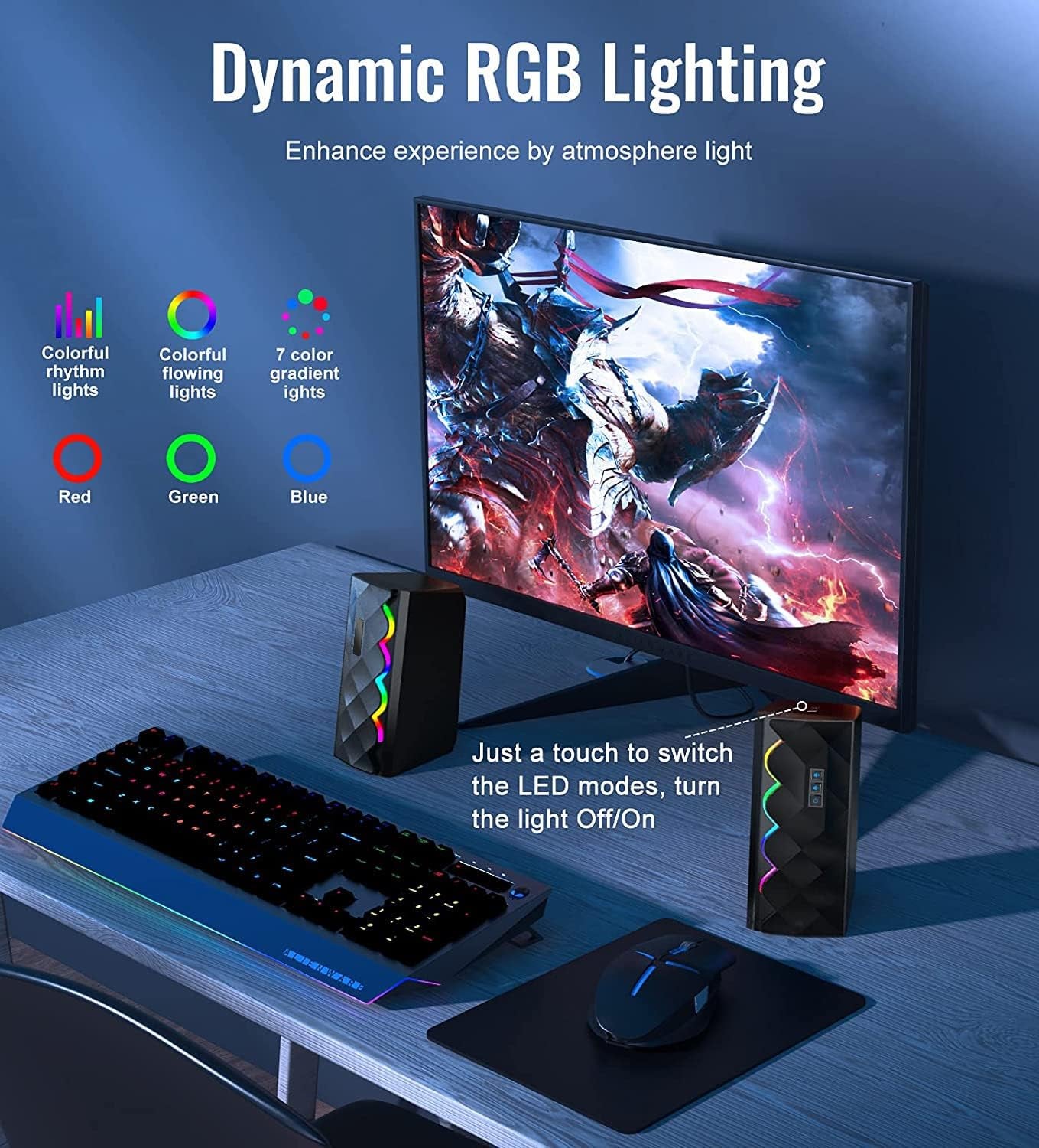 RGB Gaming PC Speaker: 10W Computer Speakers with 6 RGB LED Backlights, Stereo Bass, and support for USB and 3.5mm Cable & Bluetooth connectivity. Compatible with Laptops, Desktops, Tablets, Smartphones, Monitors, and more.
