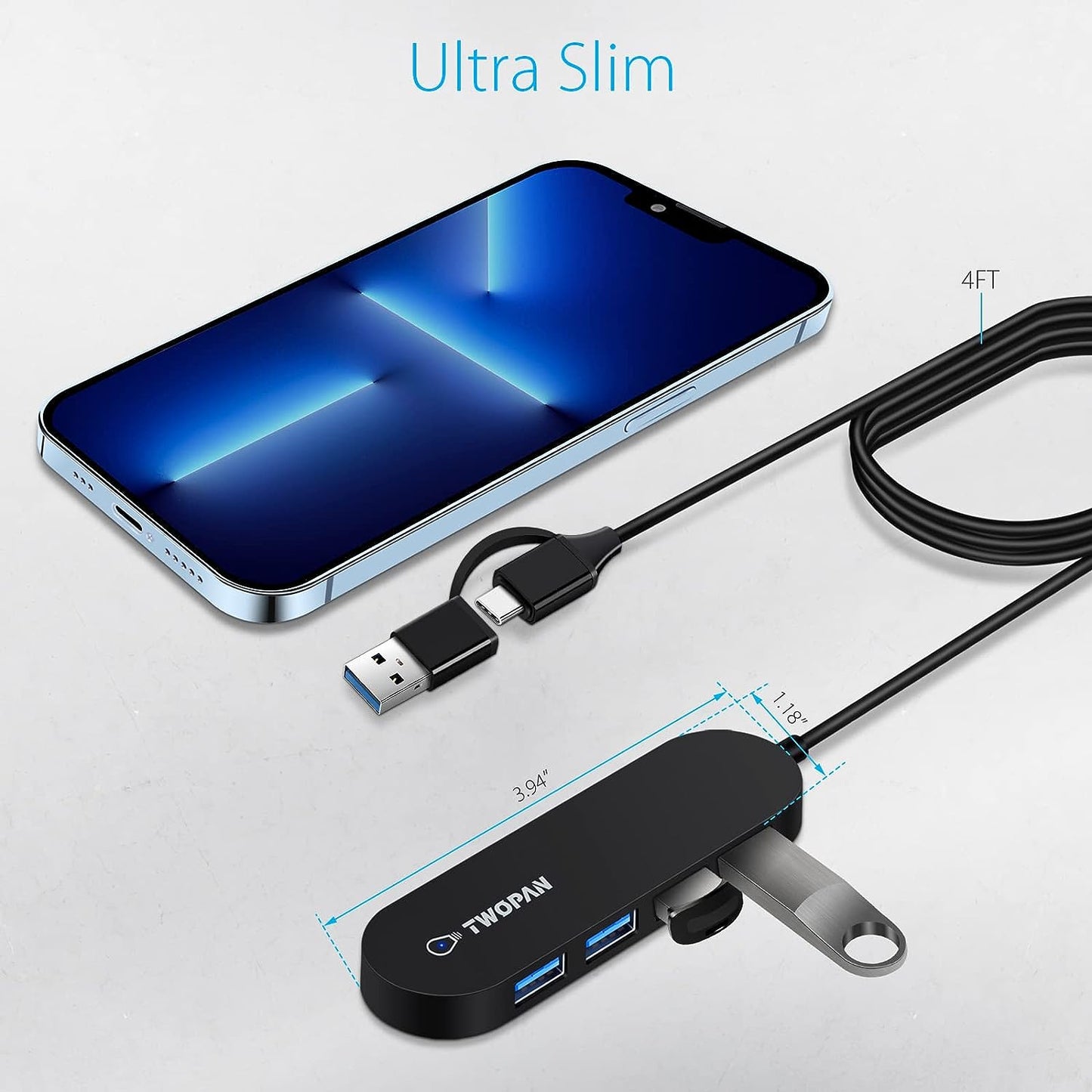 Ultra Slim USB C to USB 3.0 Hub - 4 Ports Multiport USB Adapter, Portable Mini USB Splitter for MacBook, Mac Pro/Mini, iPad Pro, Surface Pro, PS4, PS5, and USB Flash Drives.