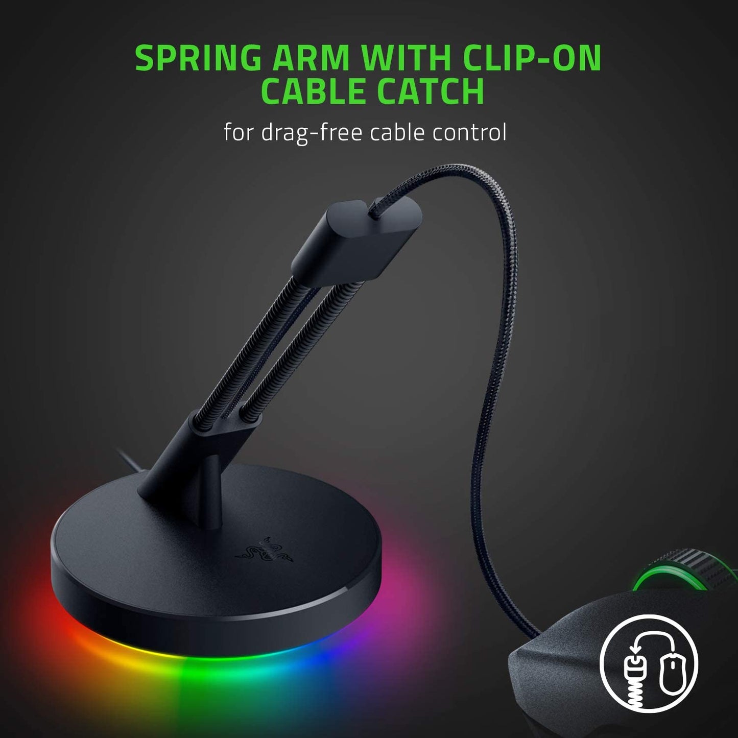 Gaming Mouse Bungee V3 Chroma. Enhance your Esports-Level Performance with Drag-Free Wired Mouse Support. Features Weighted Base and Anti-Slip Feet for Stability. Classic Black Design