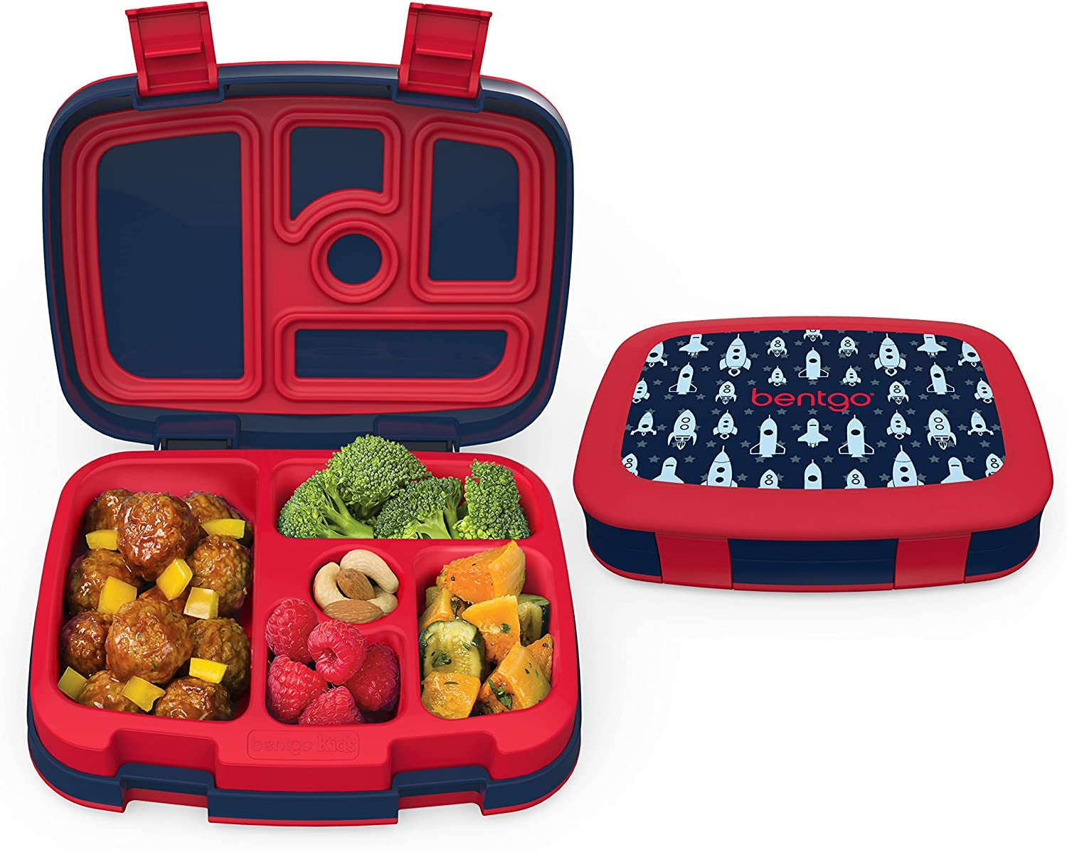 Kids Prints (Space Rockets) - Leak-Proof, 5-Compartment Bento-Style Lunch Box for Children - Optimal Portion Sizes for Ages 3 to 7 - Made with BPA-Free and Food-Safe Materials