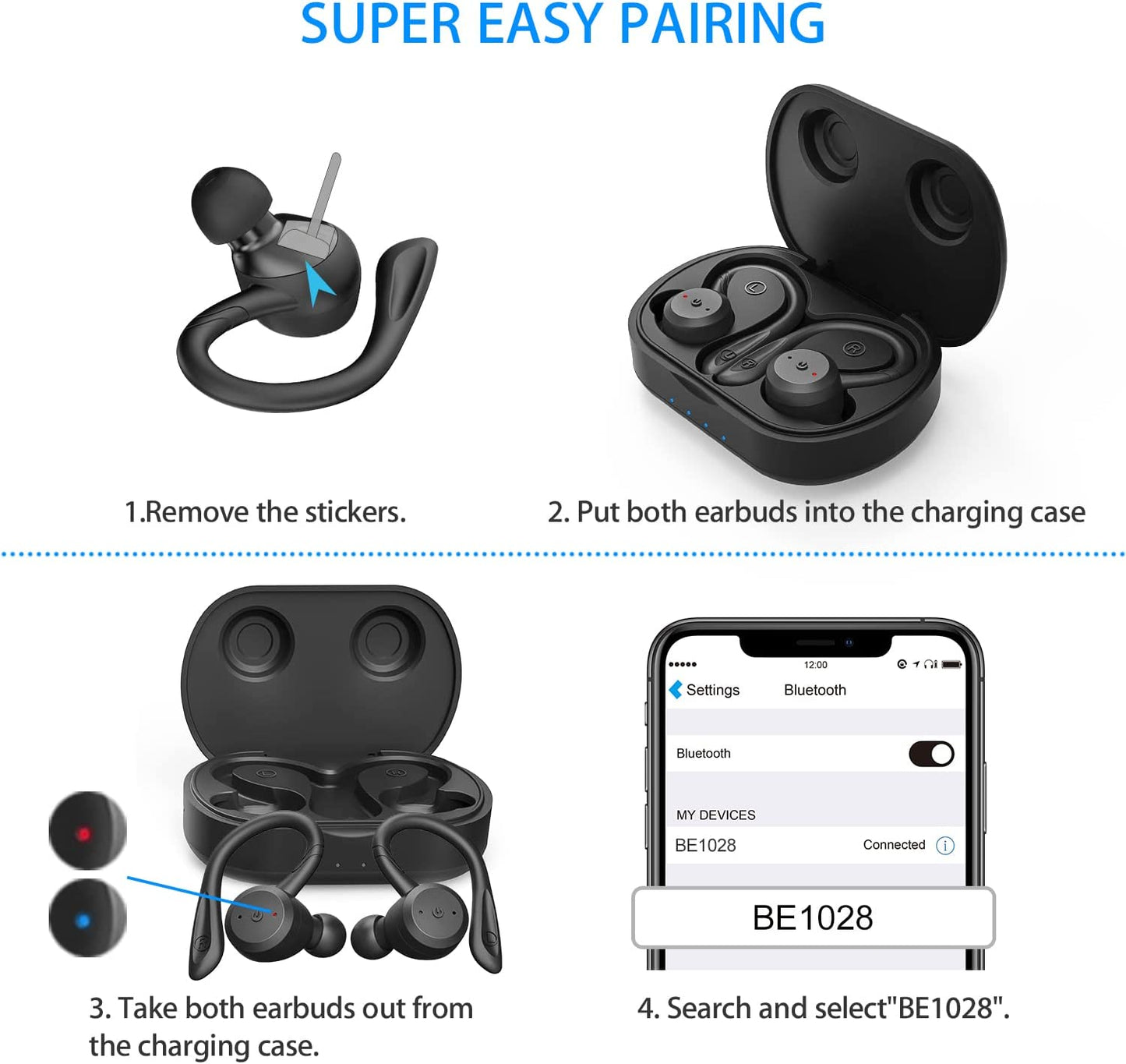 Wireless Bluetooth Sport Earbuds - IPX7 Waterproof, Earhook Design, Stereo Sound, Built-in Mic, Portable Charging Case (Black)