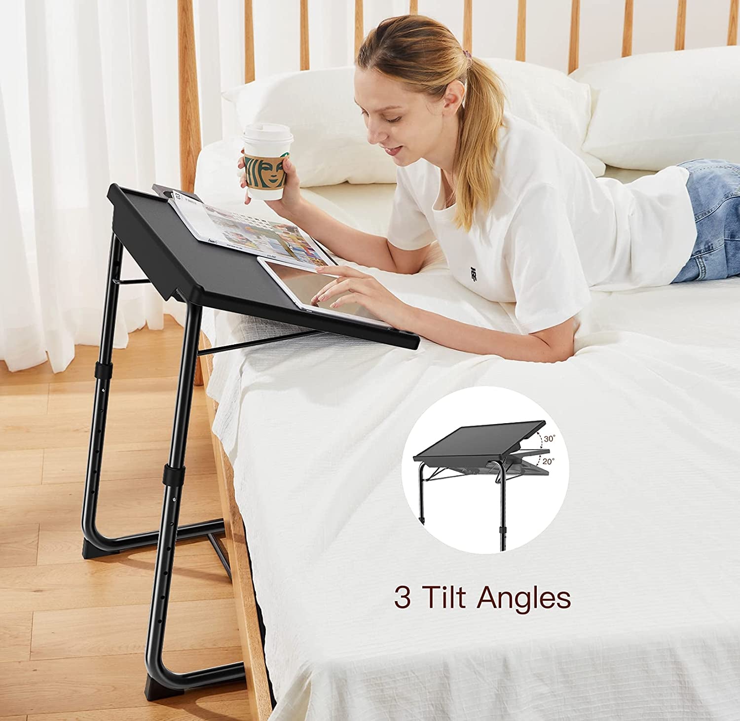 Adjustable TV Tray Table: Perfect for TV Dinners in Bed or on the Sofa. It's a Comfortable Folding Table with 6 Height and 3 Tilt Angle Adjustments, and it includes a Built-in Cup Holder. Pack of 1 in Black 