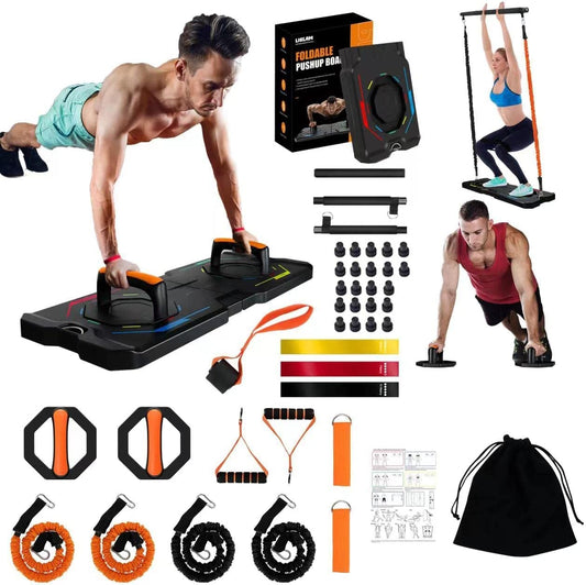 Multi-Functional Push Up Board with Resistance Bands and Pilates Bar - Full Body Home Gym Workout Equipment for Perfect Pushups and Strength Training - Ideal for Men and Women