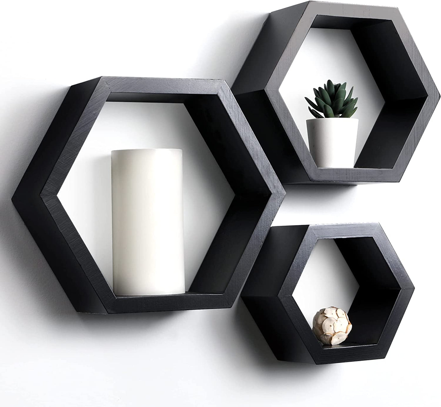 Set of 3 Hexagon Pine Wood Wall Shelves - Farmhouse Decor for Living Room, Kitchen, Rustic Boho Style.