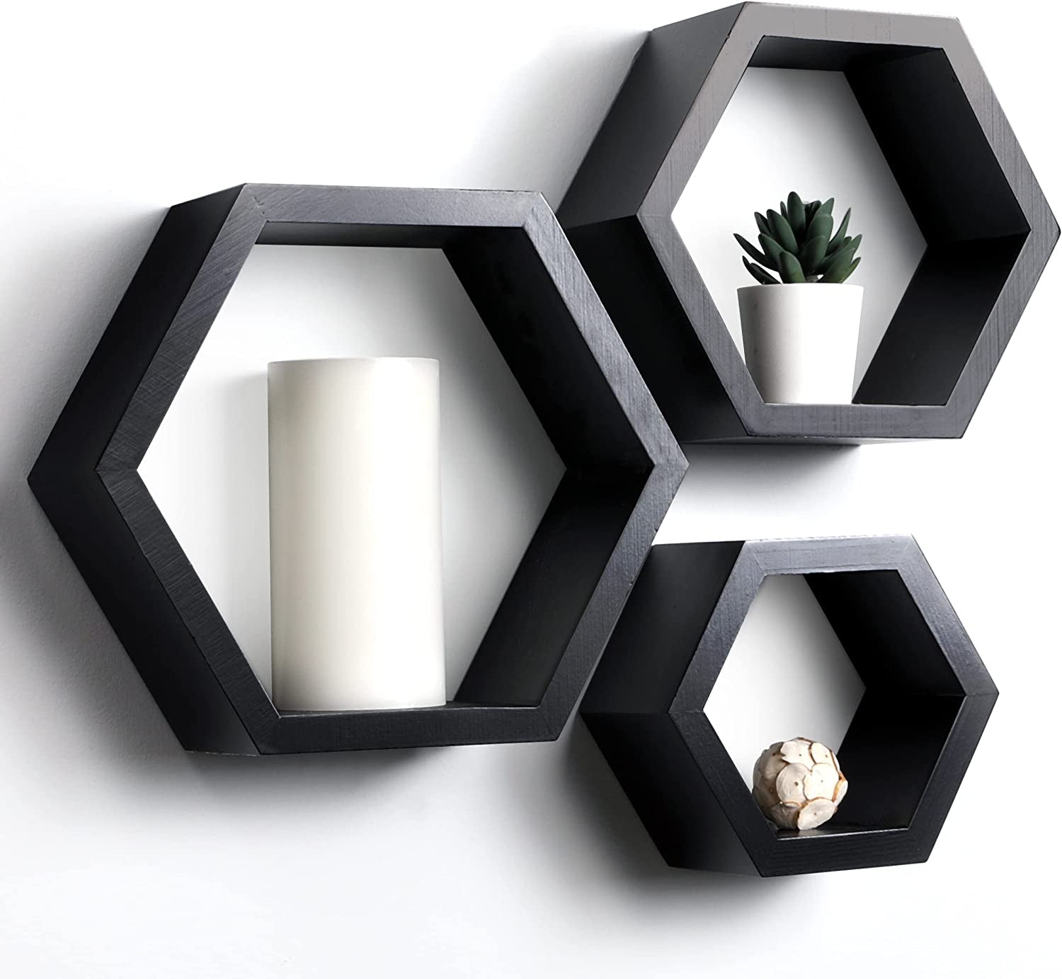 Set of 3 Hexagon Pine Wood Wall Shelves - Farmhouse Decor for Living Room, Kitchen, Rustic Boho Style.