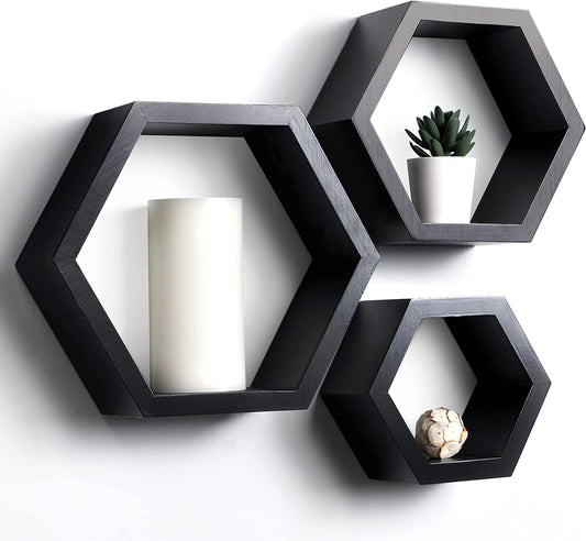 Set of 3 Hexagon Pine Wood Wall Shelves - Farmhouse Decor for Living Room, Kitchen, Rustic Boho Style.