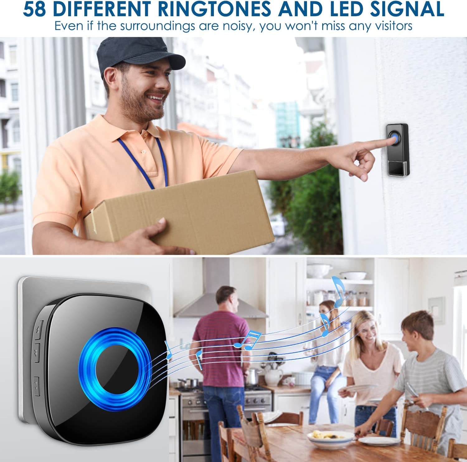 Waterproof Wireless Doorbell, Door Bell Chimes with Mute Mode, 58 Door Chimes, 5 Volume Levels, 1300-ft Range, 4 Receivers & 2 Doorbell Buttons for Home with LED Strobe, Black