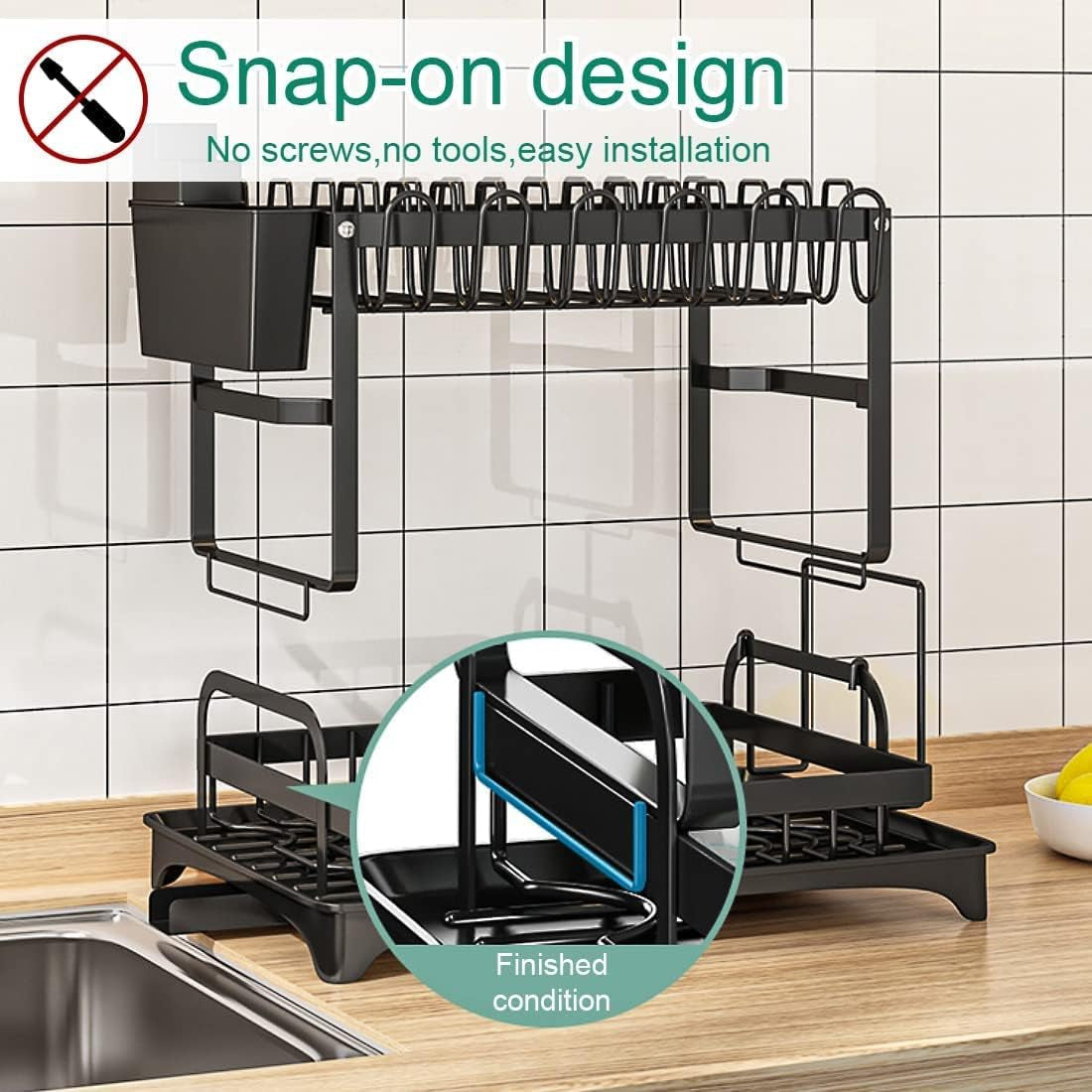 2-Tier Dish Rack for Kitchen Counter - Includes Drainboard, Convenient Dish Drying Rack Design, Perfect for Kitchen Counters, Available in Black Color.