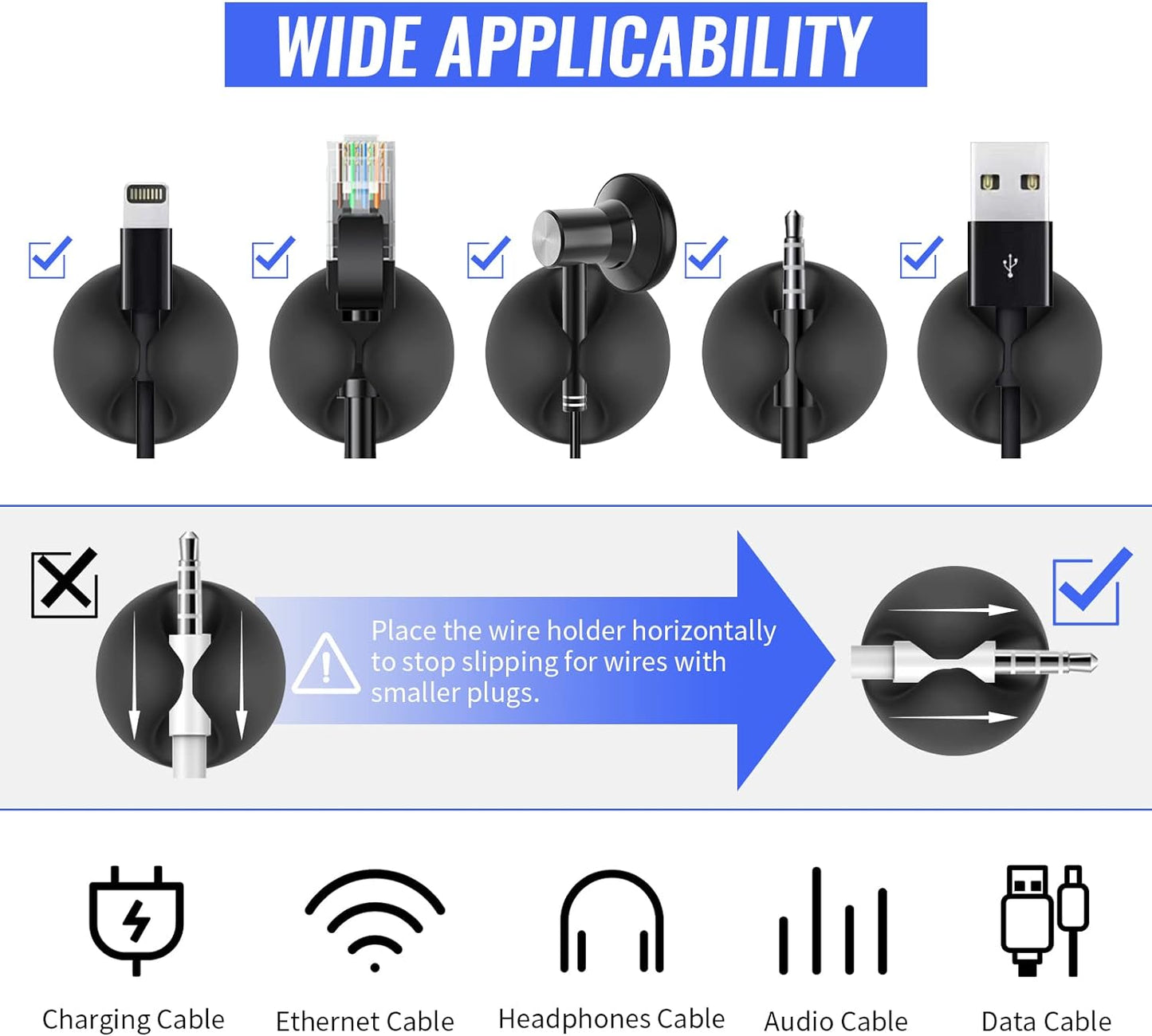 Cable Clips 16 Pack - Self Adhesive Cord Organizer for USB Charging Cables, Power Cord, Mouse Cables, Headphone Cords - Wire Management Solution (Black)