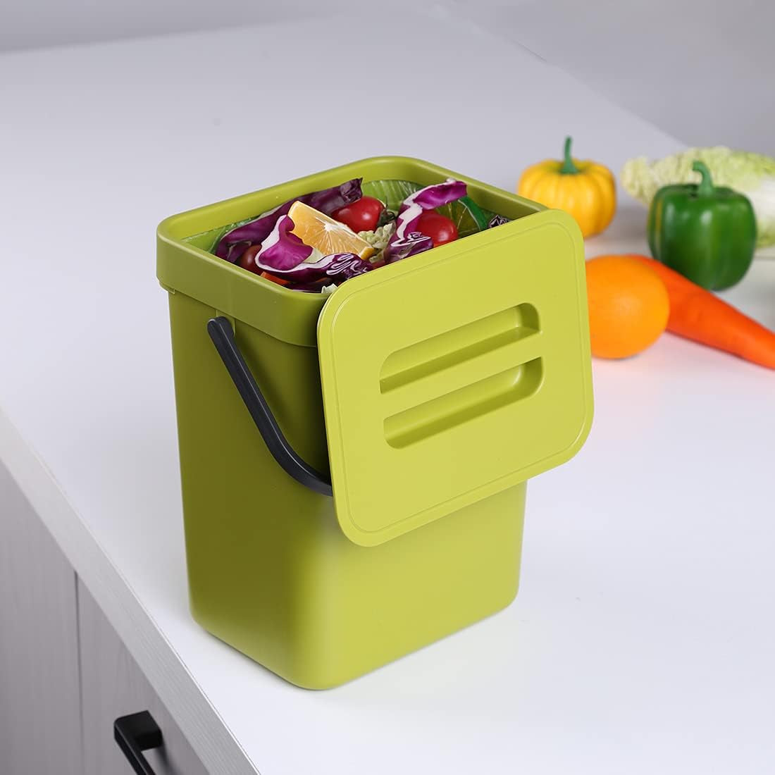 1.3 Gallon Kitchen Compost Bin: Designed for Countertop or Under Sink Use, with a Lid, Suitable for Hanging in Cupboards, Bathrooms, Camping, and Mounting Indoors - Green 