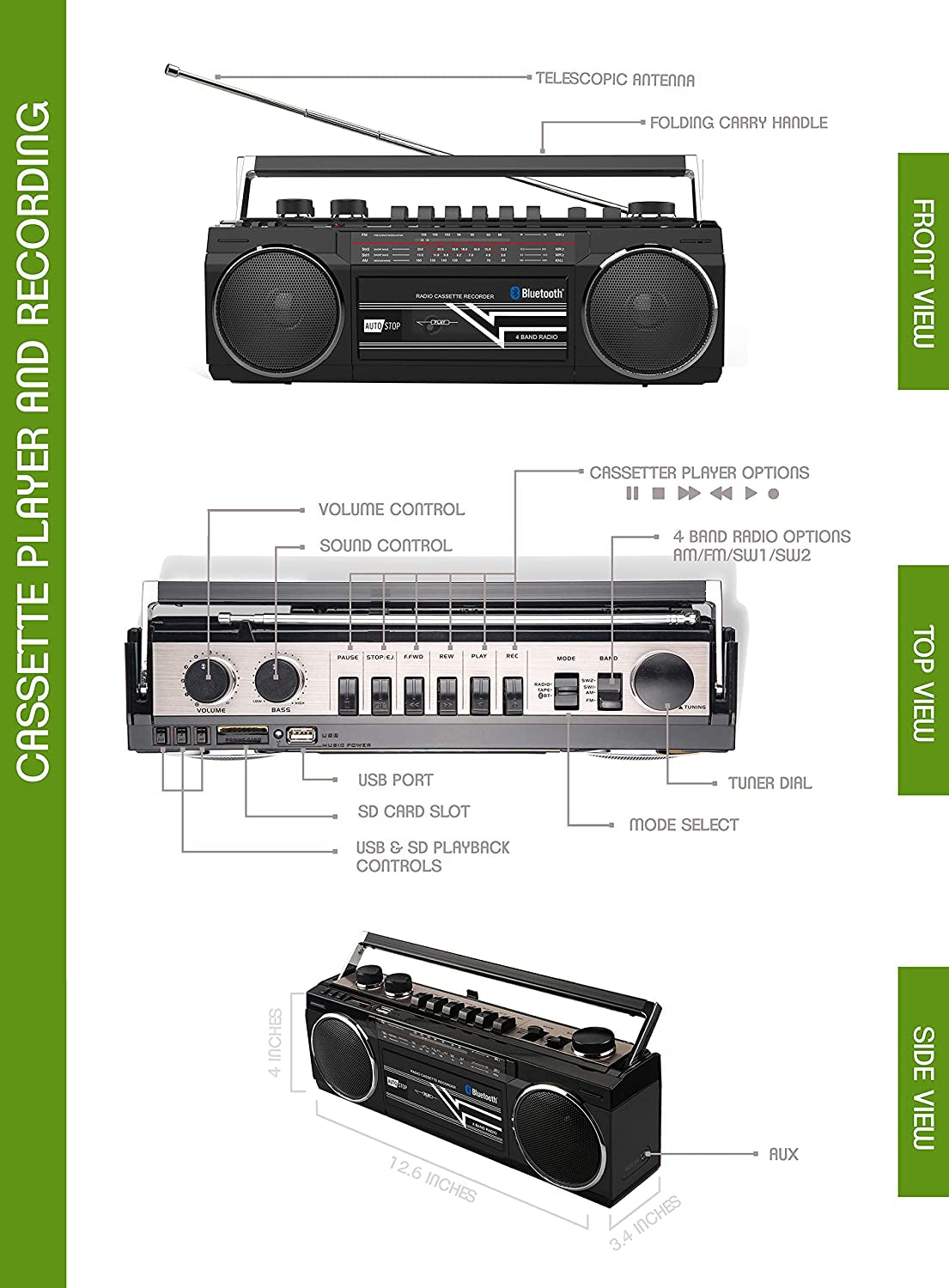 Retro Bluetooth Boombox with Cassette Player and Recorder, AM/FM/SW-1-SW2 Radio, USB, SD, and Aux in - Black