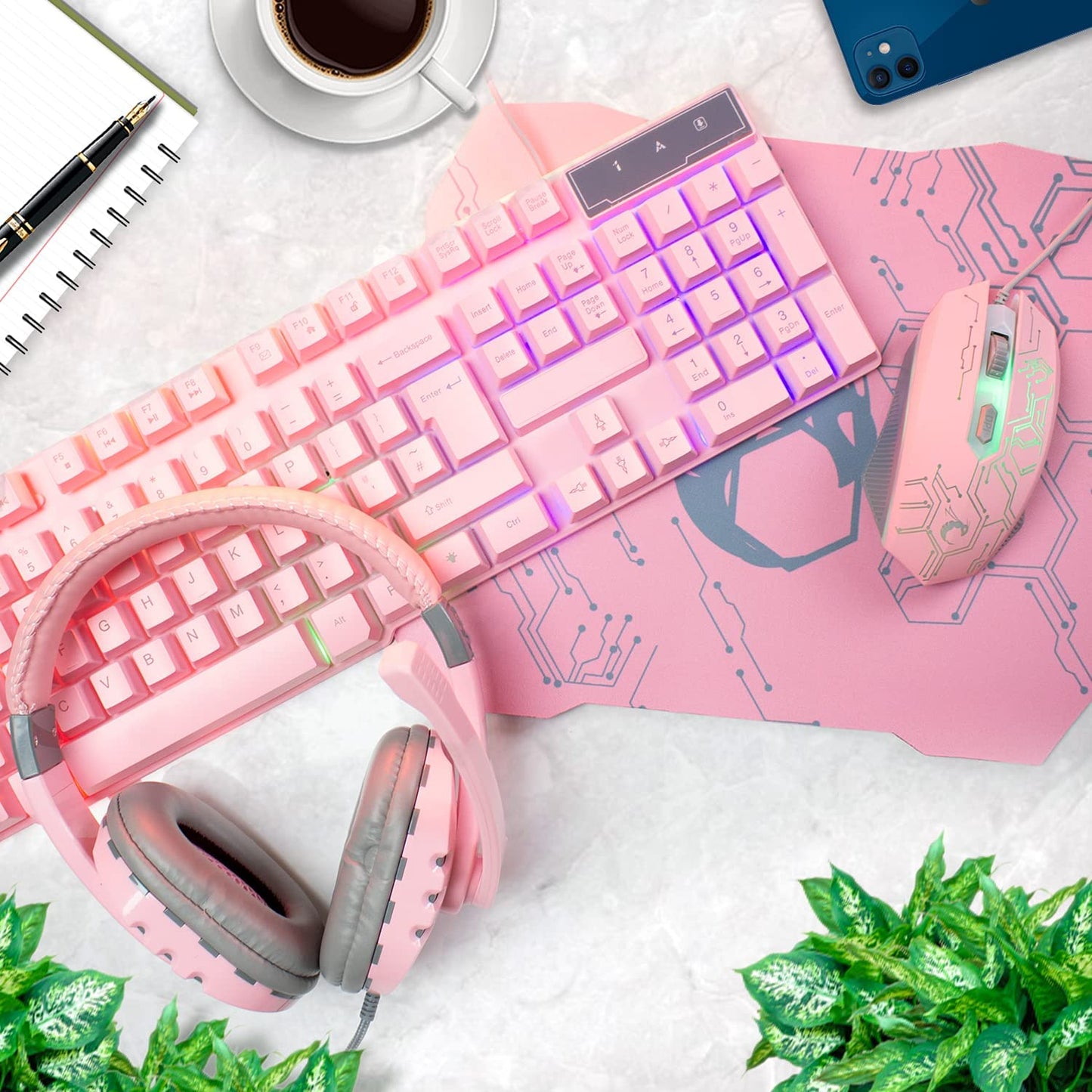 4-in-1 Pink Gaming Bundle: Includes Pink Gaming Keyboard, Mouse, Headset with RGB Backlight, and Mouse Pad. Perfect for Gamers, Xbox, PS4, PS5, and Nintendo Switch Users.