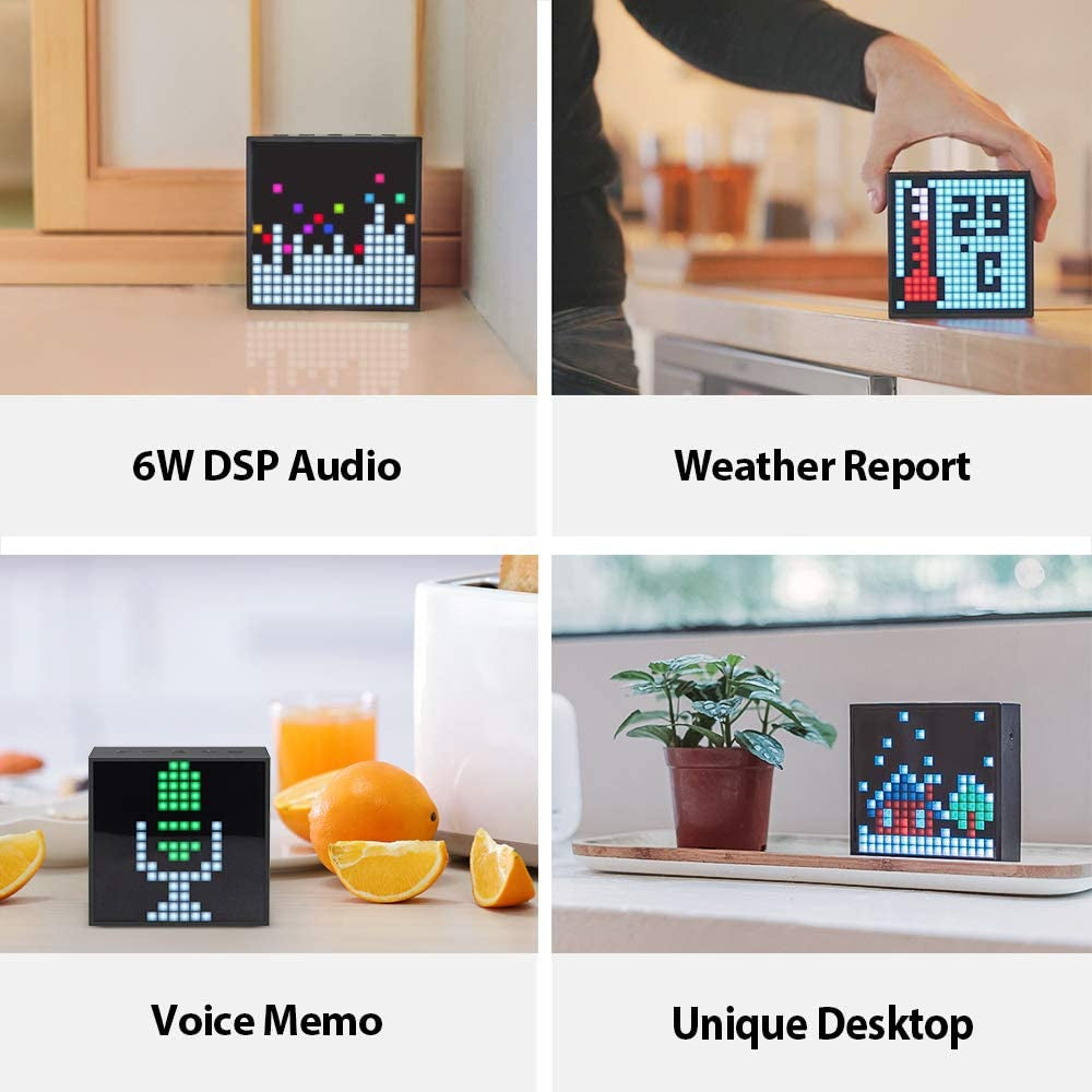 Timebox Evo Pixel Art Bluetooth Speaker Black with 16x16 LED Display. Features APP Control for Cool Animation Frame, Gaming Room Setup, and Bedside Alarm Clock