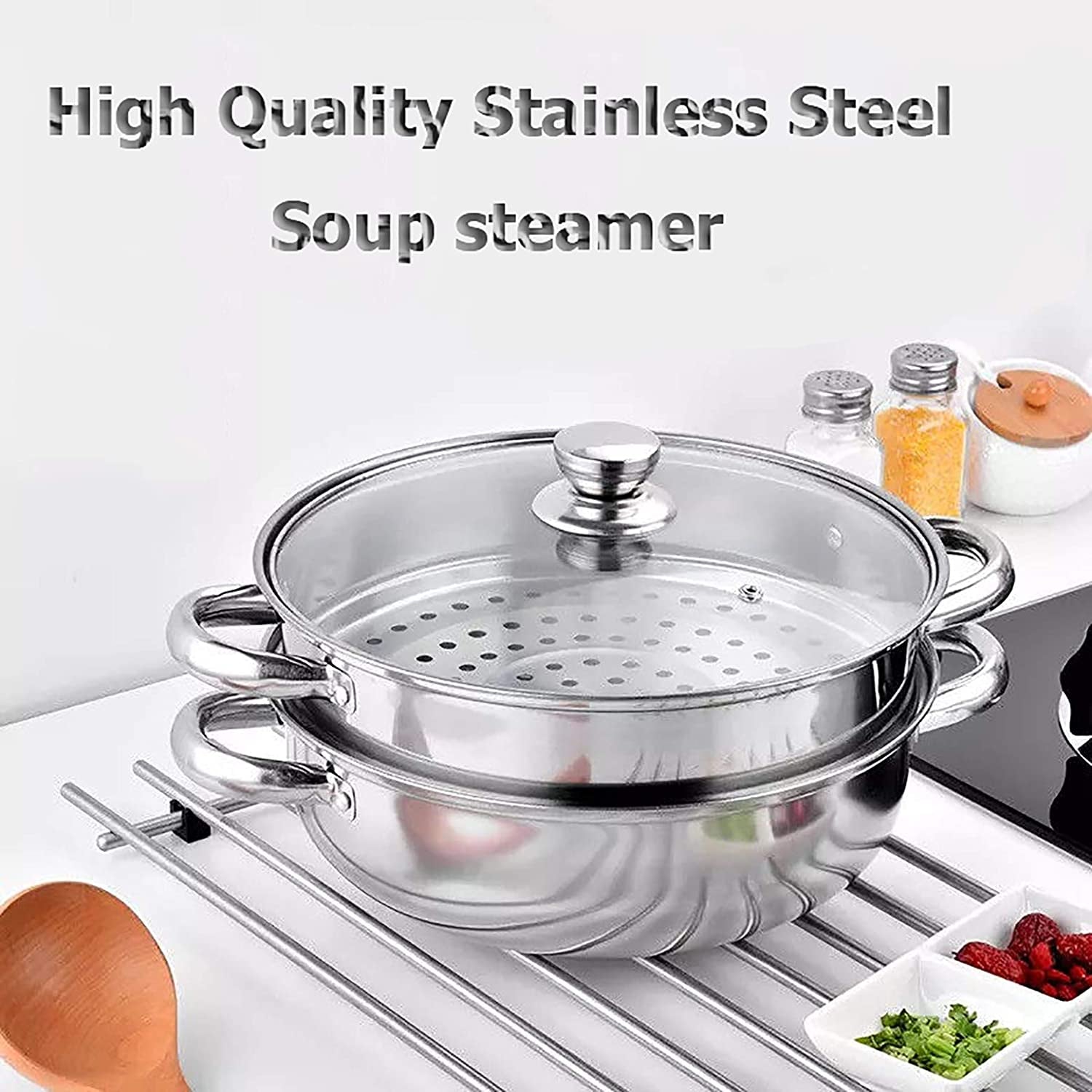Stainless Steel 2-Tier Steamer Pot - 28cm Steamer Pot with Glass Lid for Cooking Vegetables, Dim Sum, and More. Versatile Cookware and Kitchen Tool for Steaming in the Kitchen.