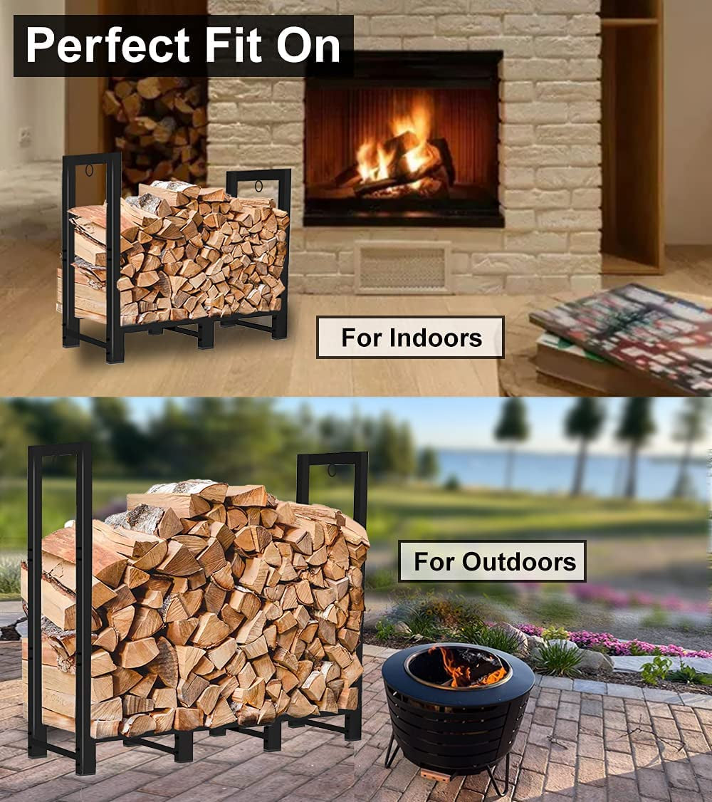 4-Foot Outdoor Firewood Rack Holder - Designed for Fireplace Wood Storage, this Adjustable Fire Log Stacker Stand Black