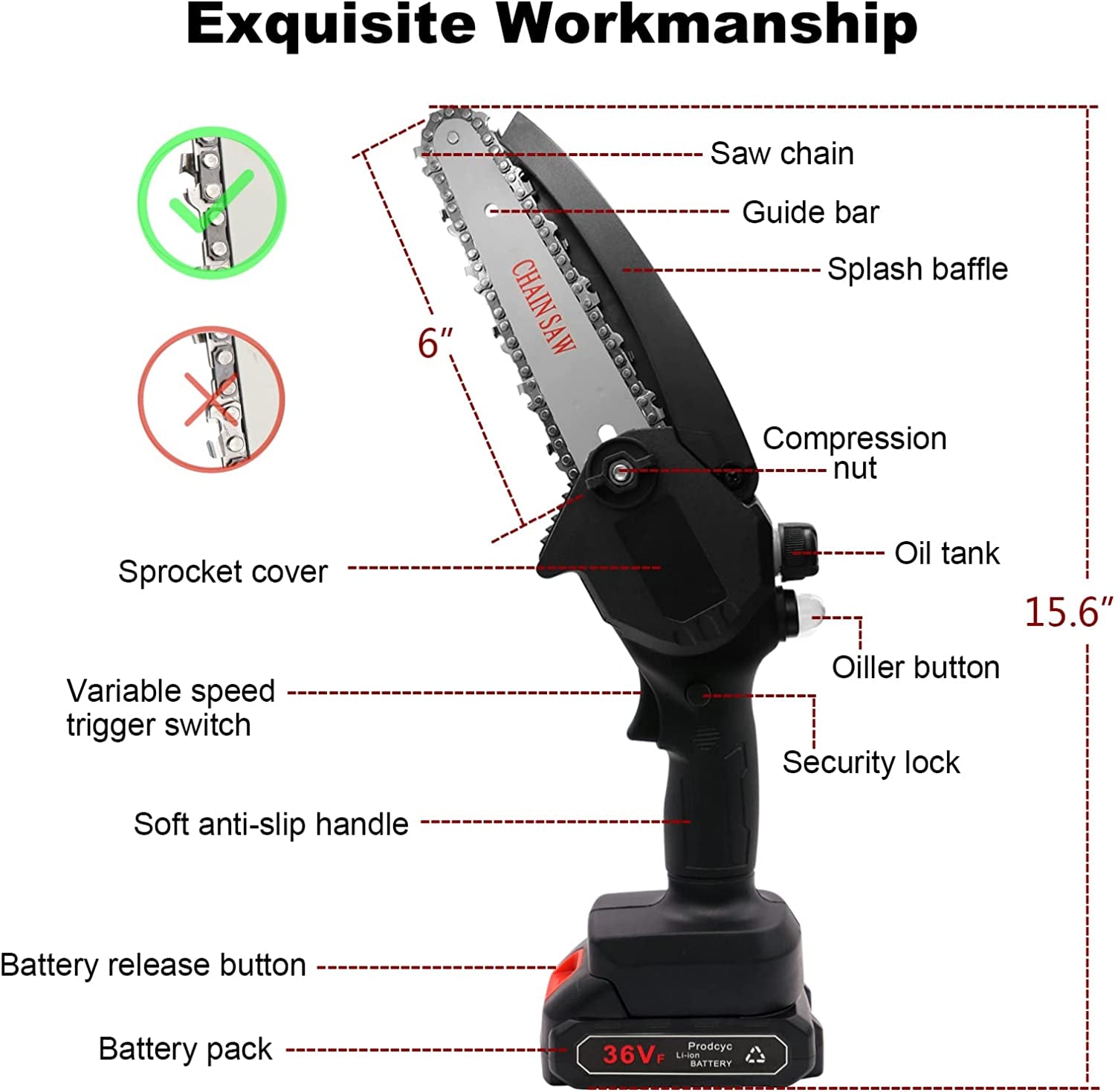 Mini Chainsaw 6 Inch Cordless Chainsaw with Automatic Oiler, One-Handed Portable Electric Pruning Chainsaw, Includes 2x2.0Ah Batteries, Ideal for Wood Cutting, Garden Logging, and Trimming Branches