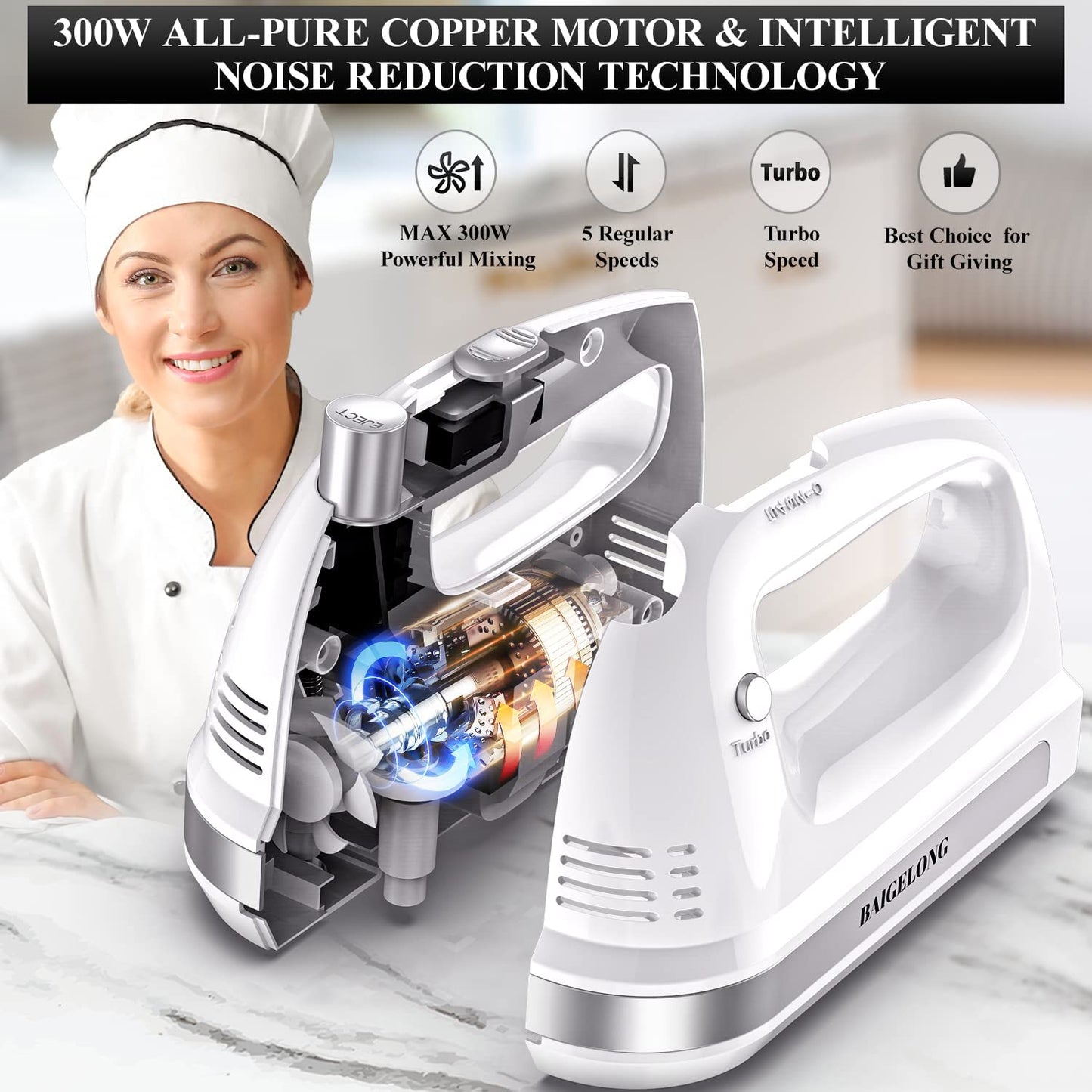 300W Ultra Power Electric Hand Mixer with 5 Self-Control Speeds + Turbo Boost - Includes 5 Stainless Steel Attachments for Baking - White Color