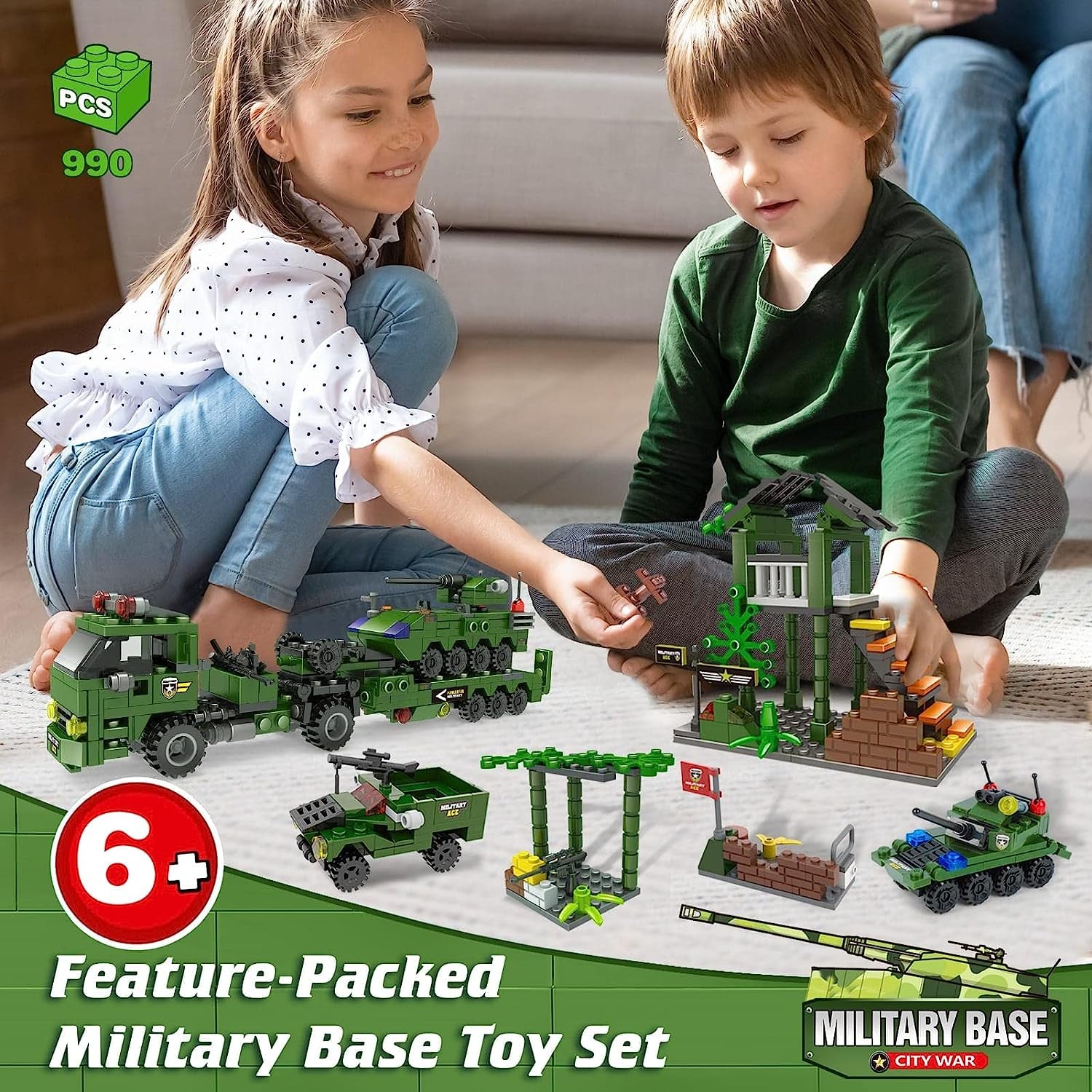 Police Station and Military Base Building Kit - Includes Heavy Transport Truck Toy, Armored Vehicles, Airplane, and Storage Box with Baseplate Lid - Perfect Present for Kids Aged 6-12, Suitable for Boys and Girls