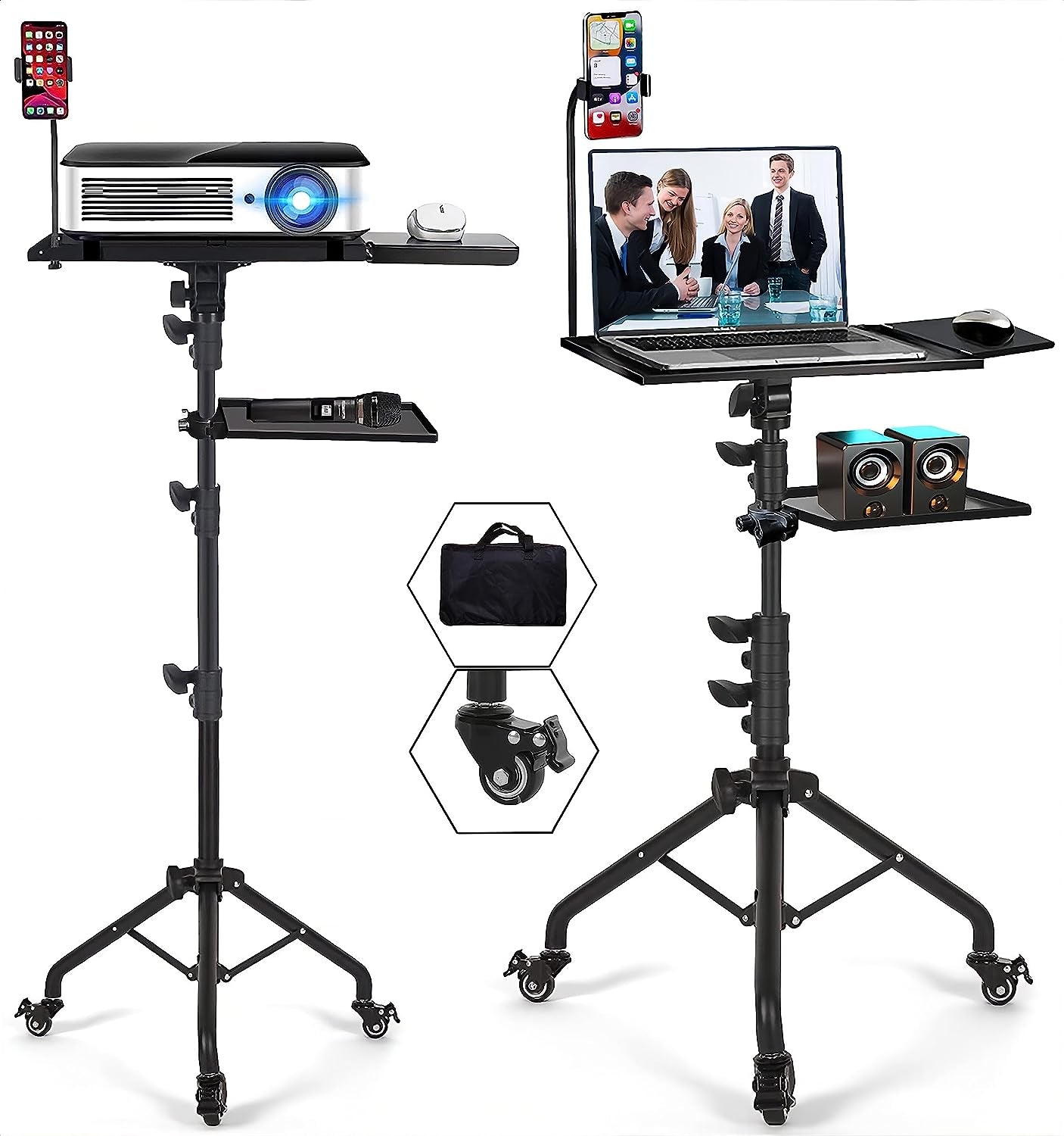 Laptop Tripod Stand with Adjustable Height, Wheels, 2 Shelves, Mouse Tray, Phone Holder, and Carrying Bag - Ideal for Projector, Music, Office, and Home Use - Portable Floor Stand Tripod in Black