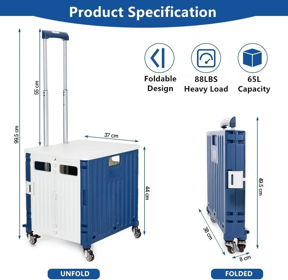 Foldable Utility Cart with Lid - A 50L Folding, Portable Rolling Crate Handcart equipped with a Heavy-Duty Collapsible Basket, Telescoping Handle, and 4 Rotating Wheels. Ideal for Office, Shopping, Camping, Travel, and Moving. Available in Blue and White.