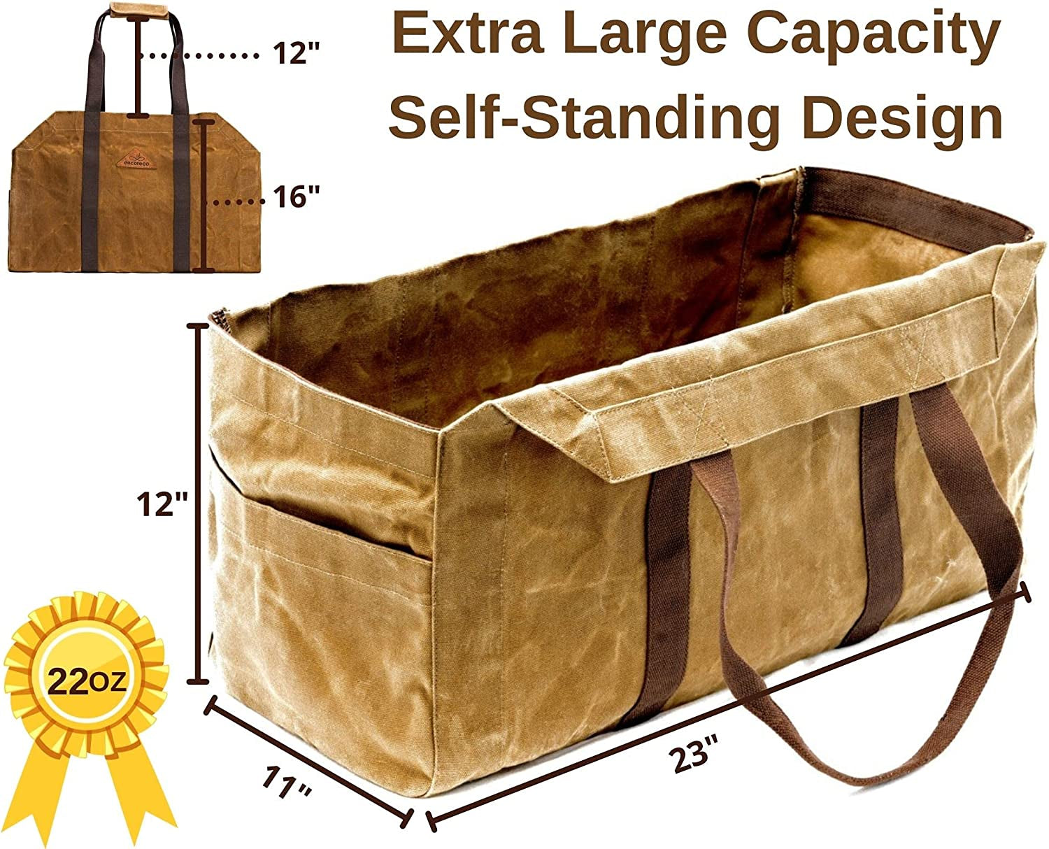 Heavy Duty 22oz Waxed Canvas Bag - Self-Standing Firewood Carrier, Extra Large Water Resistant Log Carrier. Ideal for Fireplace, Wood Stove, Camping, Gardening, Fire Pit, Storage, and More.