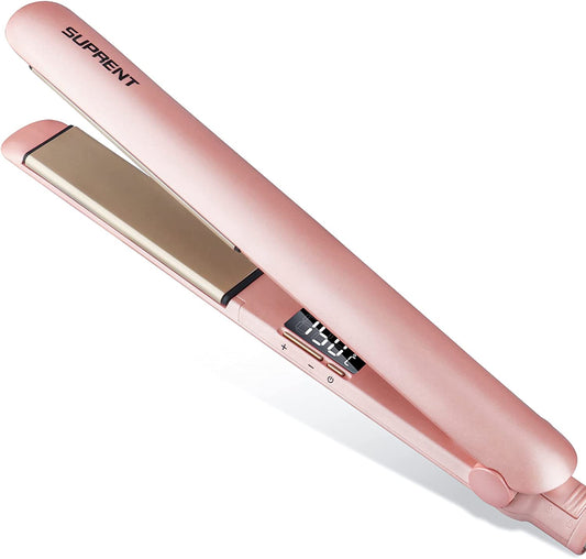 Hair Straightener and Curler with 1-Inch Floating Ceramic+Titanium Plates, Fast-Heating Professional Salon Straightening Iron for All Hair Types, Adjustable Temperature, Dual Voltage, Rose Pink