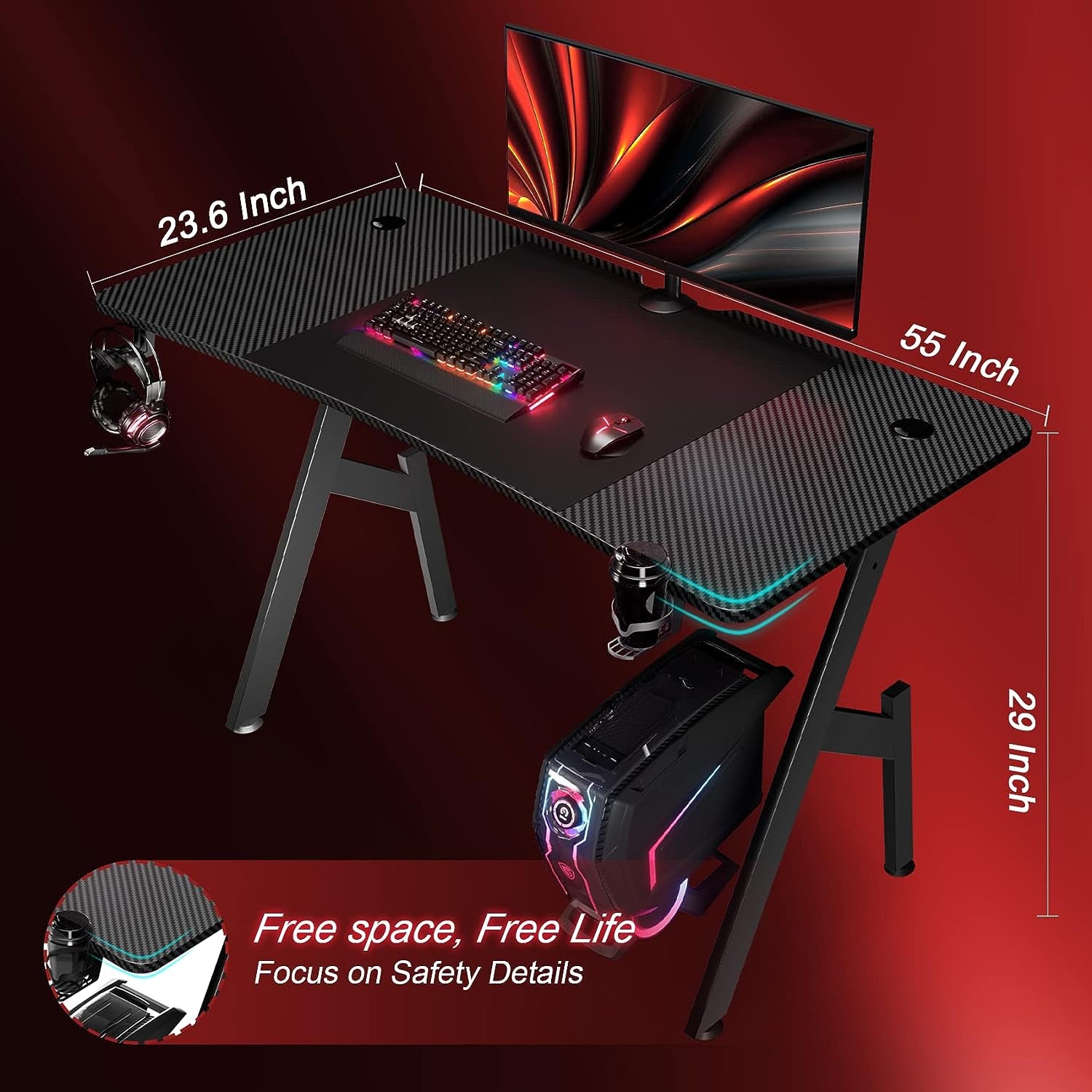 55-Inch Gaming Desk with Carbon Fiber Surface: Ergonomic Computer Workstation for Home Office, Equipped with Cup Holder & Headphone Hook, Ideal for Gamers and PC Enthusiasts