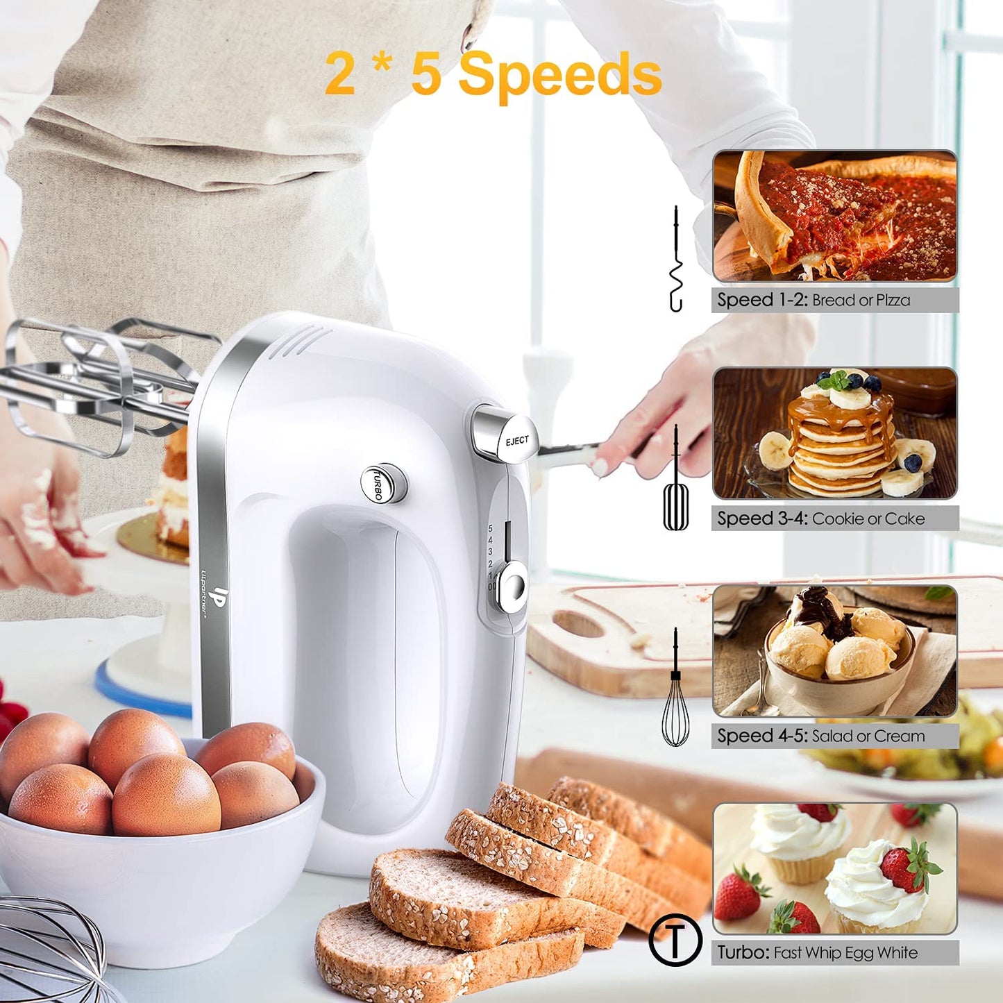 400W Ultra Power Electric Hand Mixer with Turbo Boost, Automatic Speed, Storage Case, and 5 Stainless Steel Accessories for Easy Whipping, Baking, and Cake Making