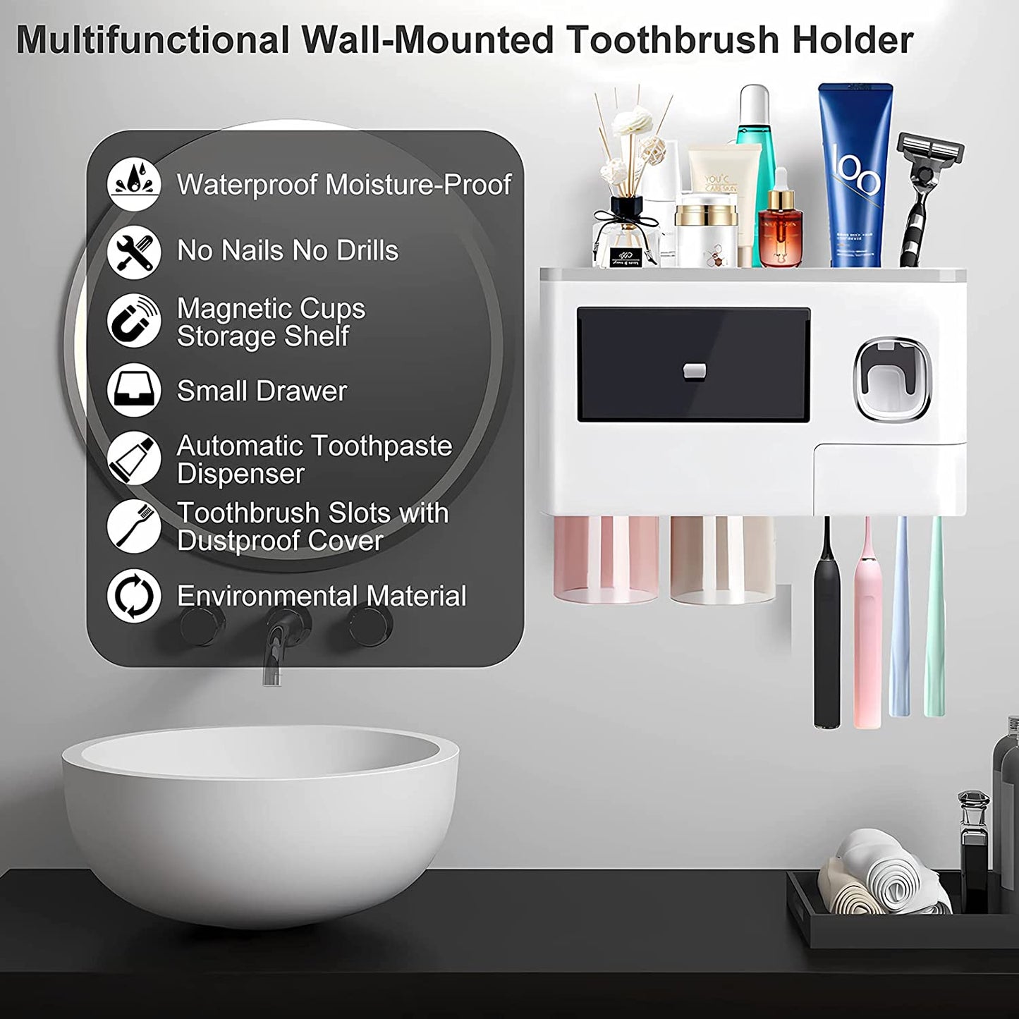 Wall-Mounted Toothbrush Holder with Automatic Toothpaste Dispenser, 2 Cups, and 1 Cosmetic Drawer