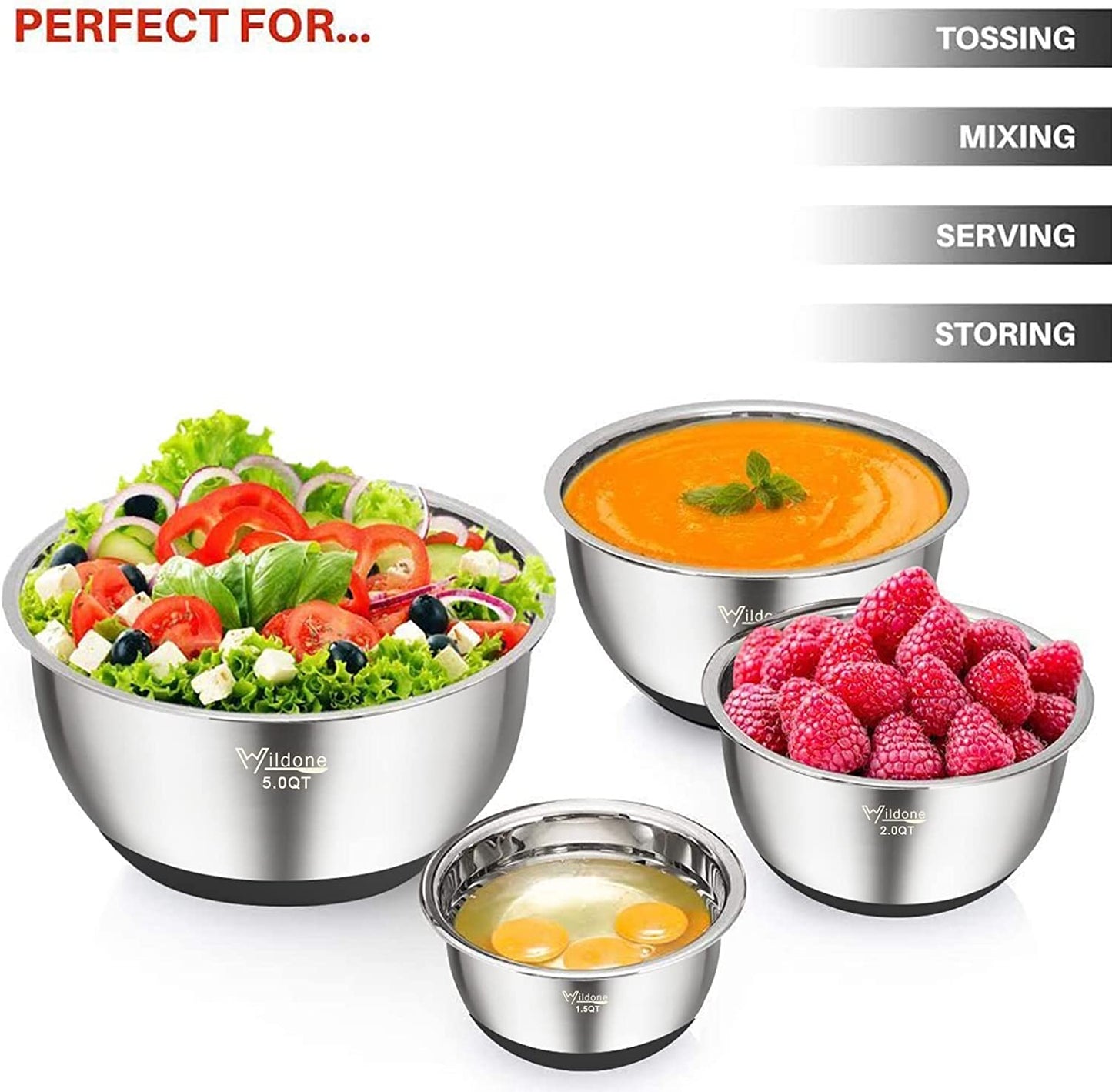 Stainless Steel Mixing Bowls Set of 5 with Lids, Measurement Lines, Silicone Bottoms, Non-Slip & Stackable Design - Sizes 8, 5, 3, 2, 1.5 QT - Ideal for Mixing and Prepping