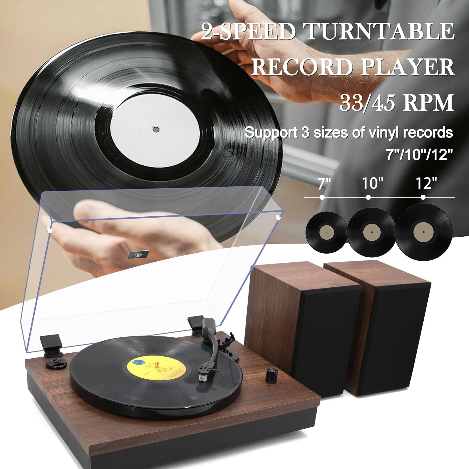 Wireless Turntable HiFi System with Bookshelf Speakers - This 2-Speed Belt-Drive Turntable for Vinyl Records offers Wireless Playback and Auto-Stop feature. It comes in a Walnut finish.