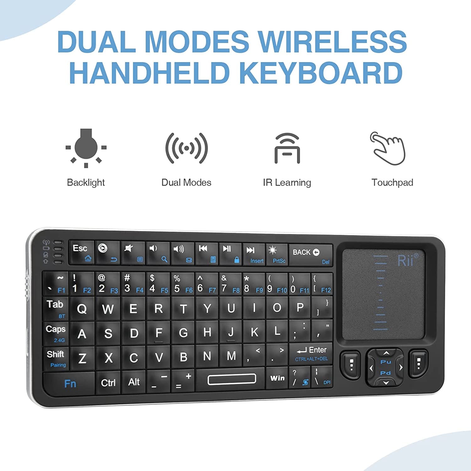  Mini Bluetooth Keyboard with Backlit Wireless and IR Learning TV Remote - Portable and Lightweight, Compatible with Android TV Box, Mac, Laptop, and Windows - Includes Touchpad