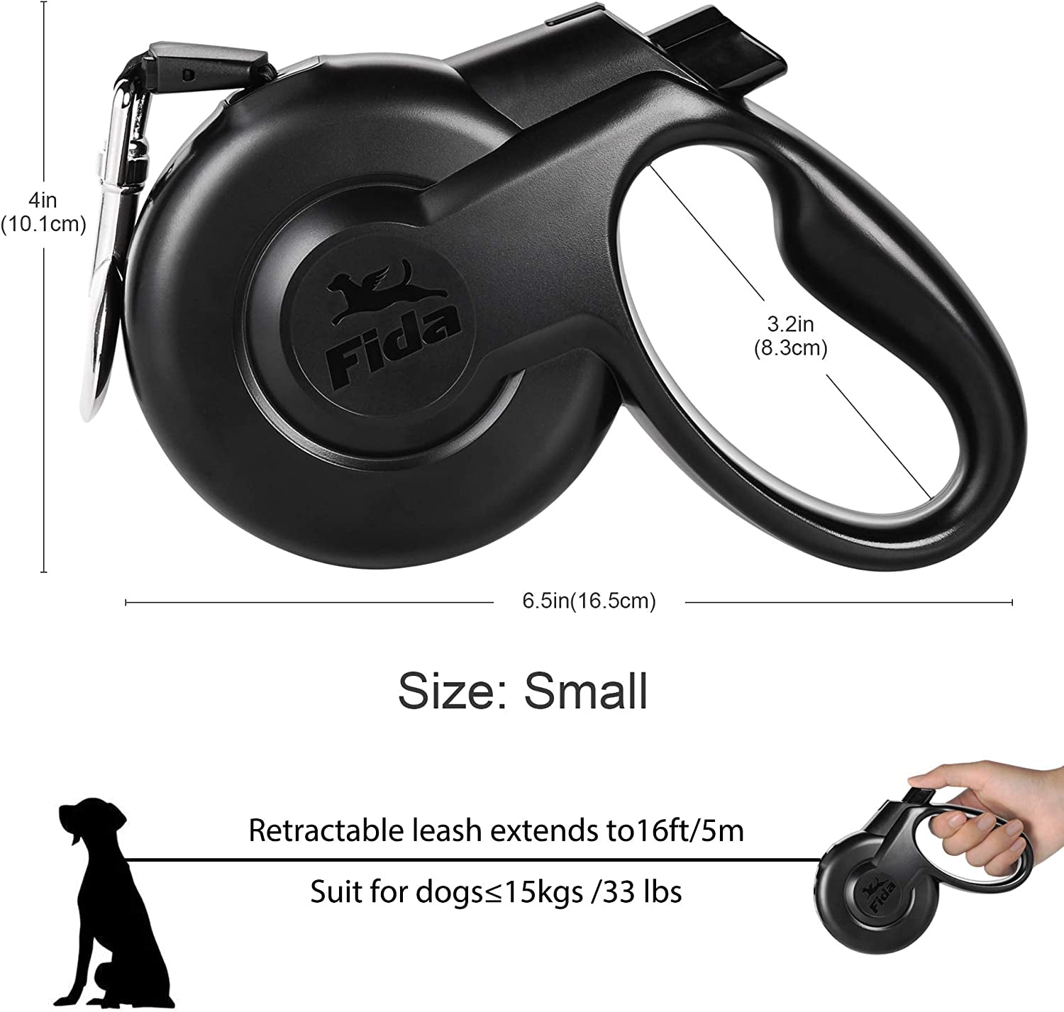 Retractable Pet Leash - Heavy Duty 16 ft Leash for Small Dogs or Cats up to 33 lbs - Tangle Free, One-Handed Brake - S, Black