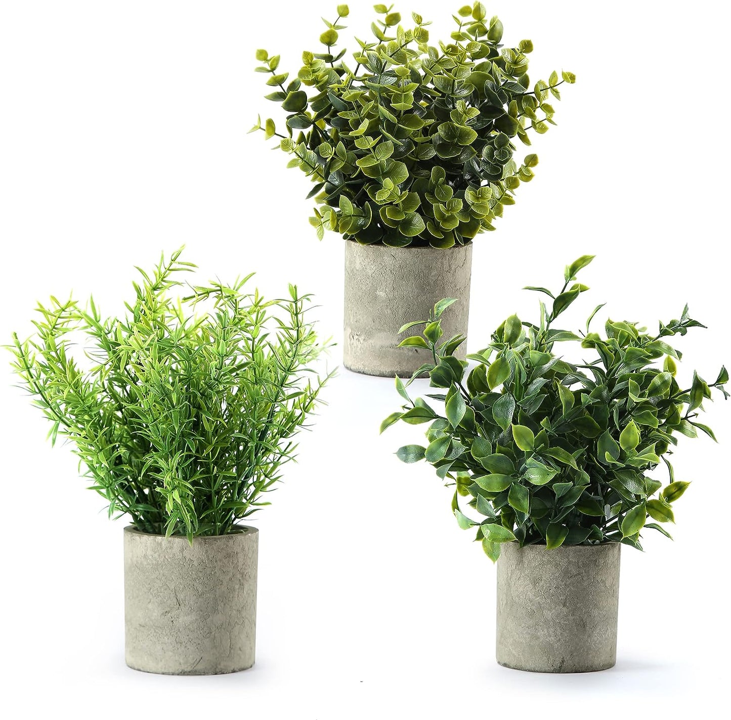 Set of 3 Mini Artificial Plants for Decor - Includes 9.5 Inches Eucalyptus, Boxwood, and Rosemary Fake Plants; Small Potted Faux Indoor Plants for Various Settings like Home, Kitchen, Living Room, Office, Table, Shelf, and Greenery Decor.